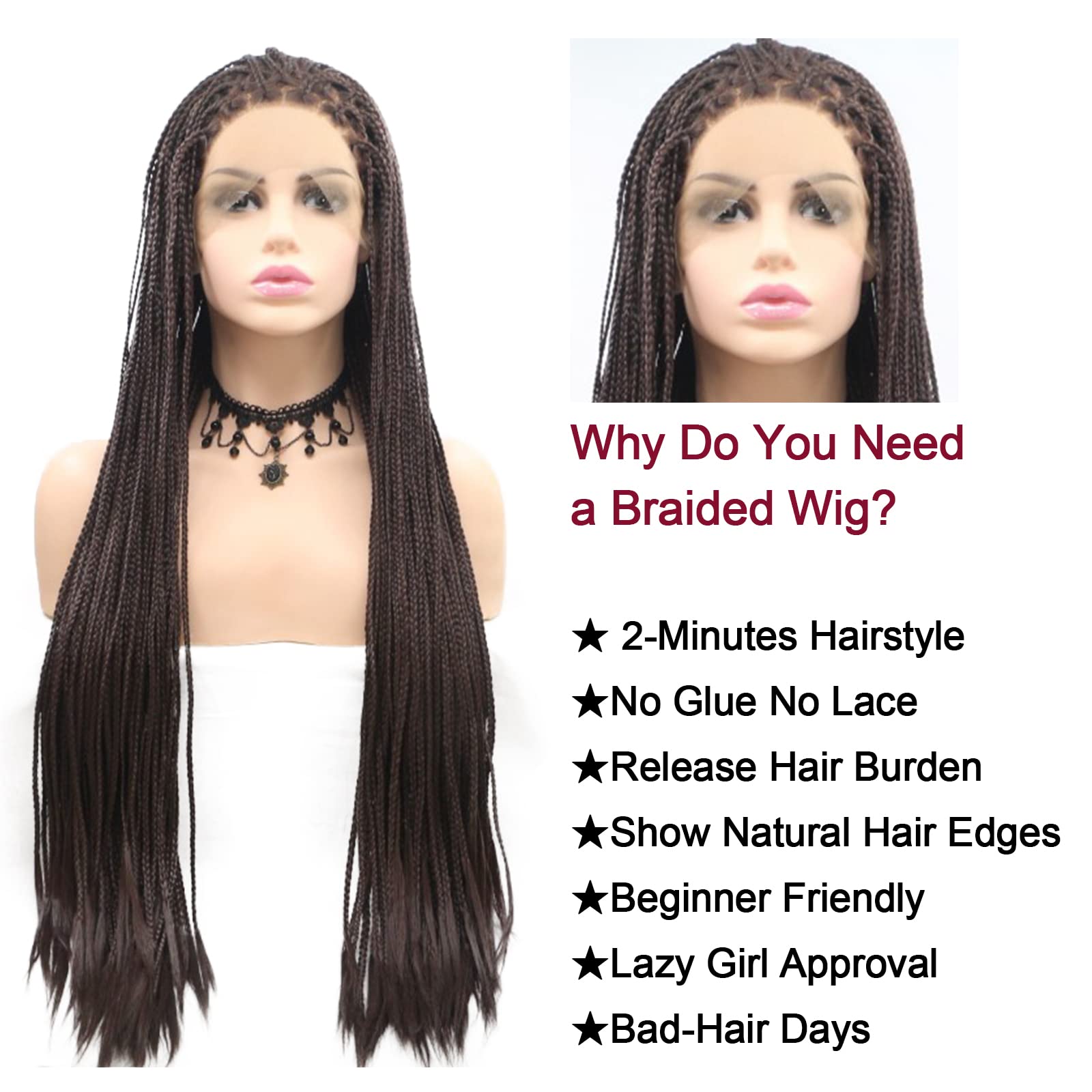 Box Braided Wigs for Black Women Brown Long Straight Synthetic Natural Looking Knotless Cornrow Braids Wig Lightweight Braiding Hair Realistic Hand Braided Synthetic Lace Front Wigs 26 Inch - Image 3