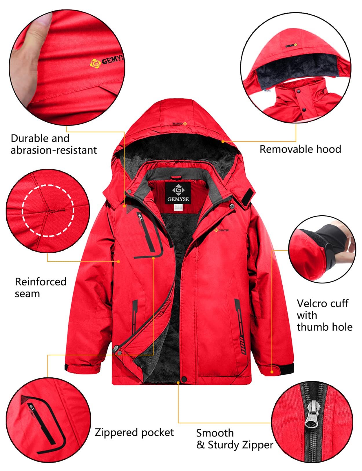 GEMYSE Veste de Ski Imperméable de Montagne pour Garçon Manteau d'hiver Extérieur en Polaire Coupe-Vent avec Capuche