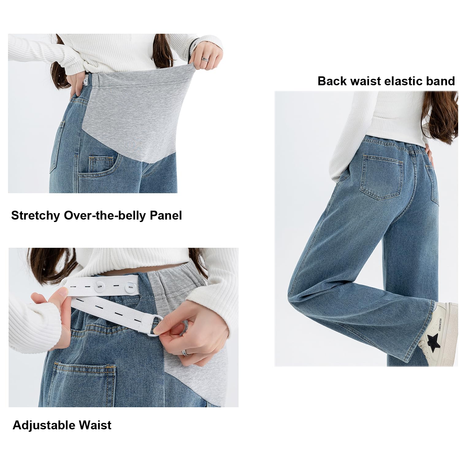 Alled Maternité Jeans, Pantalon Maternité Jambes Larges Réglable élastique Taille,Jeans Grossesse Lâche avec des Poches Pantalon Décontracté