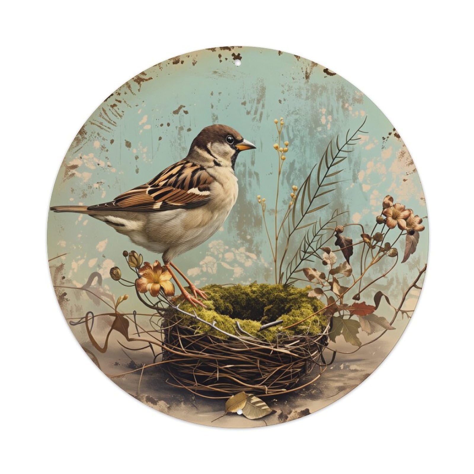 Bird Nest Moss Flowers Sky Round Tin Sign Retro Metal Sign for Cafe Bar Pub Home Game Room Gym Club Wall Decoration Vintage Metal Poster 8x8 Inch