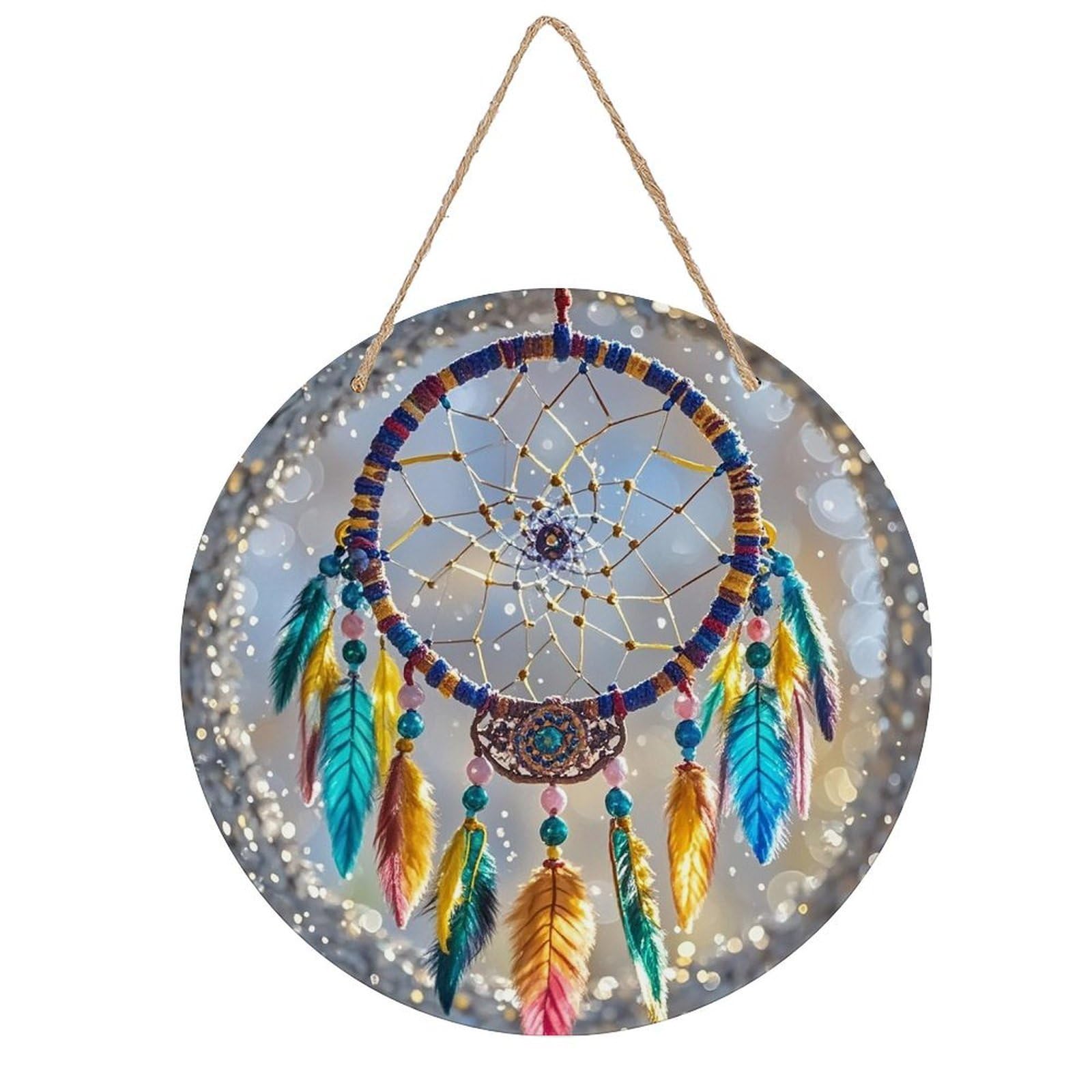 FekiLoot Round Cherry Dream Catcher Wall Art Decor Painting Wooden Hanging Sign with Ropes Bohemian Wall Hanging Retro Mid Century Modern Wall Art for Home Bedroom Living Room 7.9x7.9 in