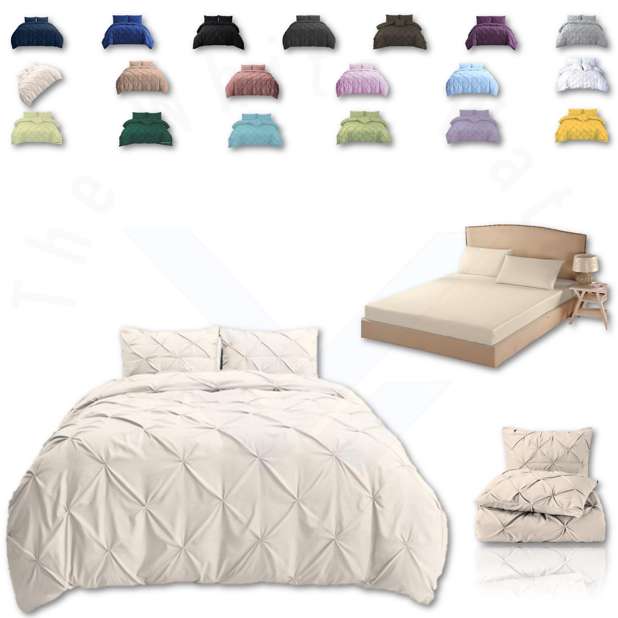 TheWhiteWater Duvet Set - 2/3 in 1 Bedding Set - Duvet Cover + Matching Pillowcases + Fitted Bed Sheets - NPolycotton Pintuck Cover (Cream, 3 in 1 Bedding Set - Double)