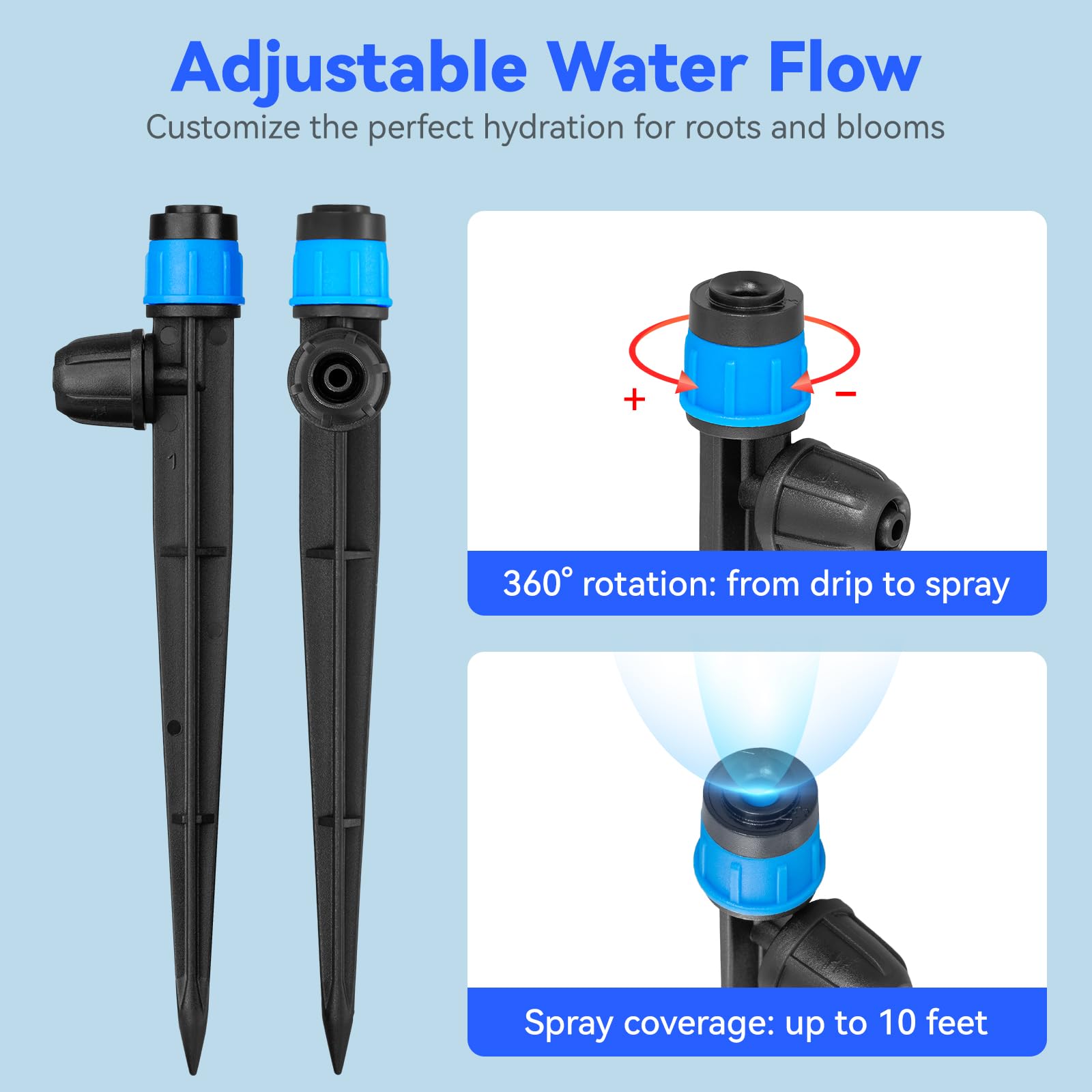 Goteros de riego por goteo ajustables Vortex: 20 unidades de emisores de riego con forma de abanico con estaca de flujo de agua con bloqueo de púas para tubos de 1/4 pulgadas para riego de jardín