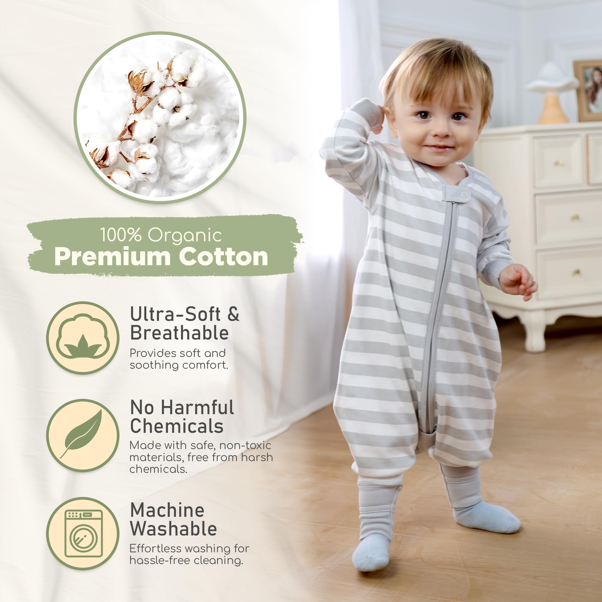 Mama Cheetah Sacco nanna per bambini con piedi, maniche lunghe, 1,0 Tog, 100% cotone biologico, sacco nanna con gambe, coperta indossabile per escursionisti, con cerniera a 2 vie, coperta per bambini