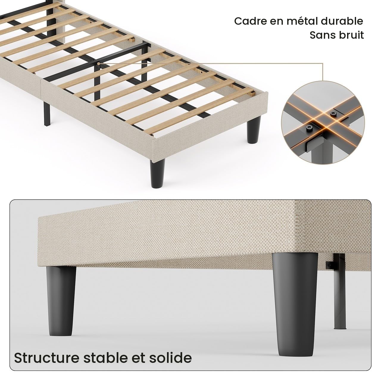 Bealife Lit Capitonné 90 x 200 cm, Cadre de Lits avec Sommier à Lattes et Tête Capitonnée, Polsterbett pour Adultes, Adolescents, Beige