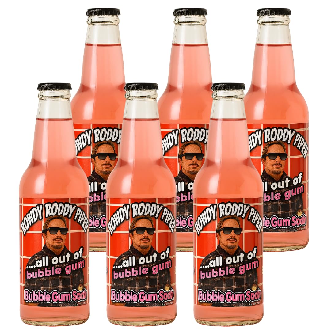 Rocket Fizz Rowdy Roddy Piper Bubble Gum Soda Flavor | Cane Sugar | Craft Soda Pop Drinks | 12 oz in Glass Bottle (6 Pack)