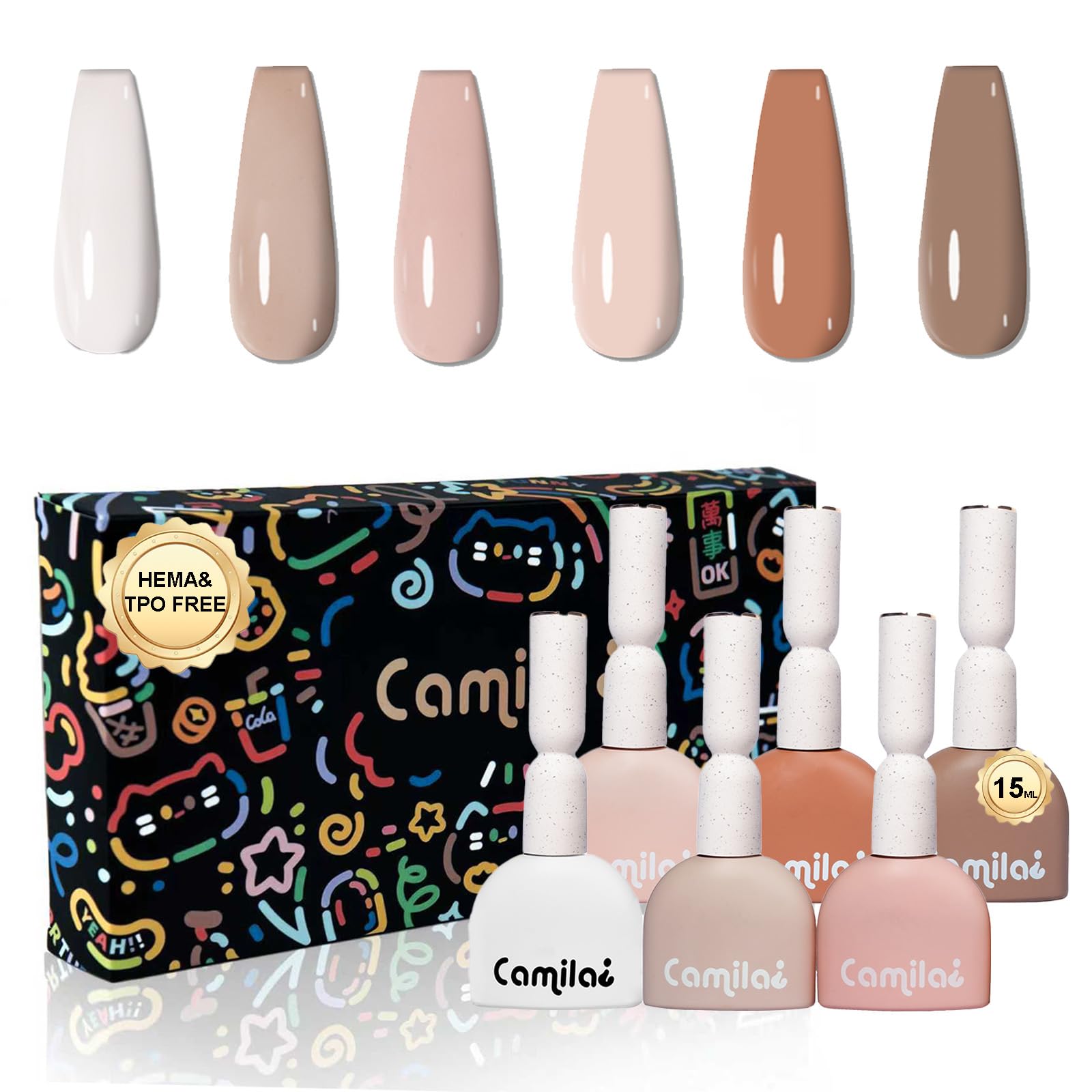 CAMILA 6pcs 15ml Hema Free Tpo Free Gel Polish Set Light Nude Gel Nail Polish Kit Soak Off
