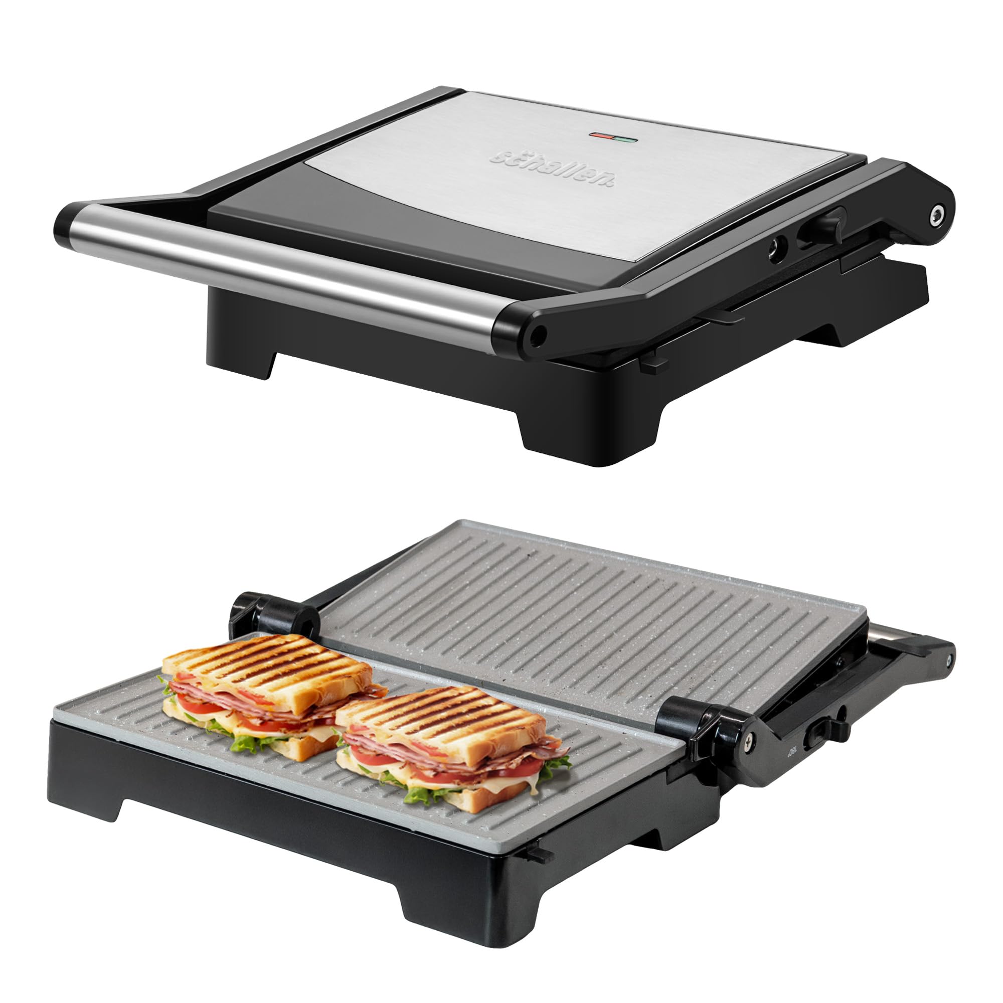 Schallen Panini Grill Press, 2 Slice Sandwich Panini Press & Toastie Maker Machine | Stainless Steel Kitchen Appliance with Non Stick Hot Plates, Cool Touch Handle, 1000W, Black & Silver-image-27