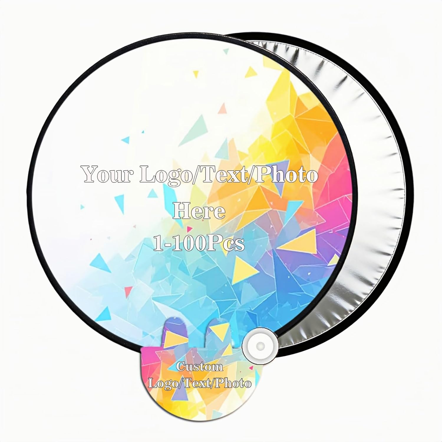 Custom Foldable Flying Disc Hand Fans with Handle & Pouch Personalized Round Folding Hand Fans with Logo Photo Text Bulk Promotional Gifts for Weddings Trade Shows Events Outdoor Party Favors (100)