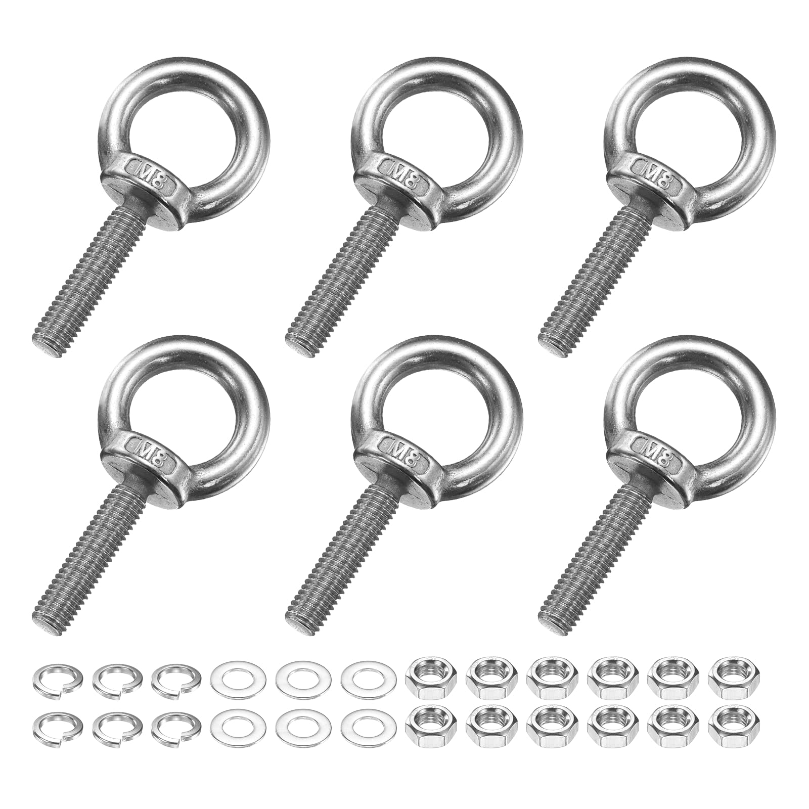 PATIKIL M8 x 35mm Eye Bolt, 6 Pcs 304 Stainless Steel Thread Lifting Ring Set Shoulder Eyebolt with Lock Nuts Flat Washers for Hanging Hammocks Articles, Silver