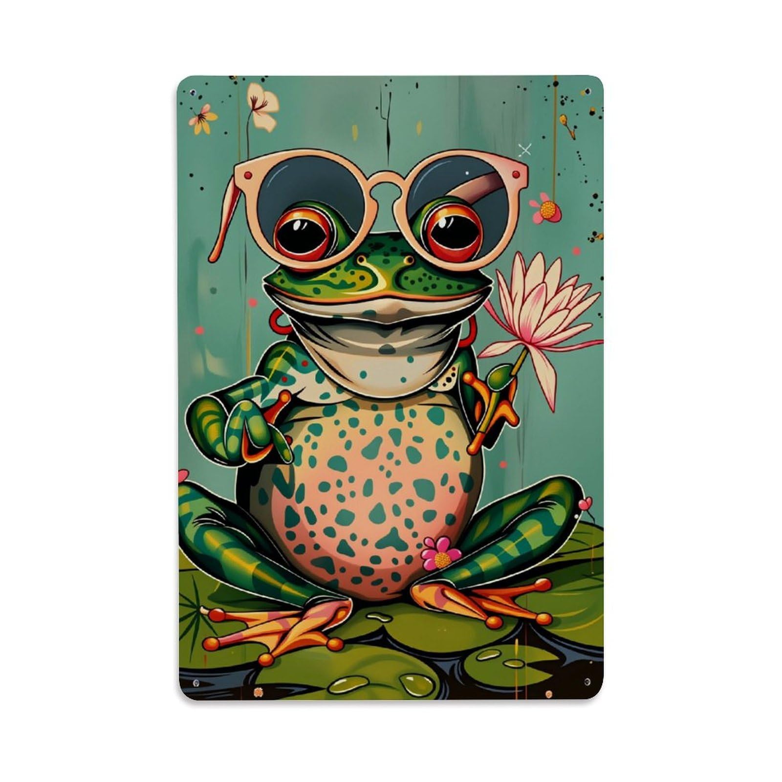 Enderetf Vintage Frog With Sunglasses And Flower Tin Sign Metal Poster, Home Bar Garage Man Cave Cafe Indoor & Outdoor Wall Decoration 8X12inches
