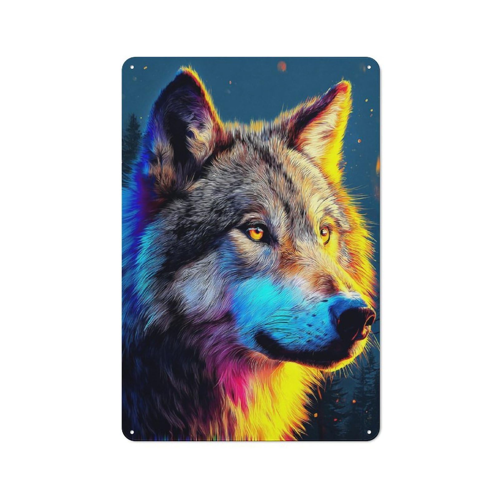 Junmoney Colorful Wolf Portrait -1 Vintage Tin Wall Plaque 30X20cm For Studio Or Craft Room, For Garage, Workshop And Man Cave Decoration