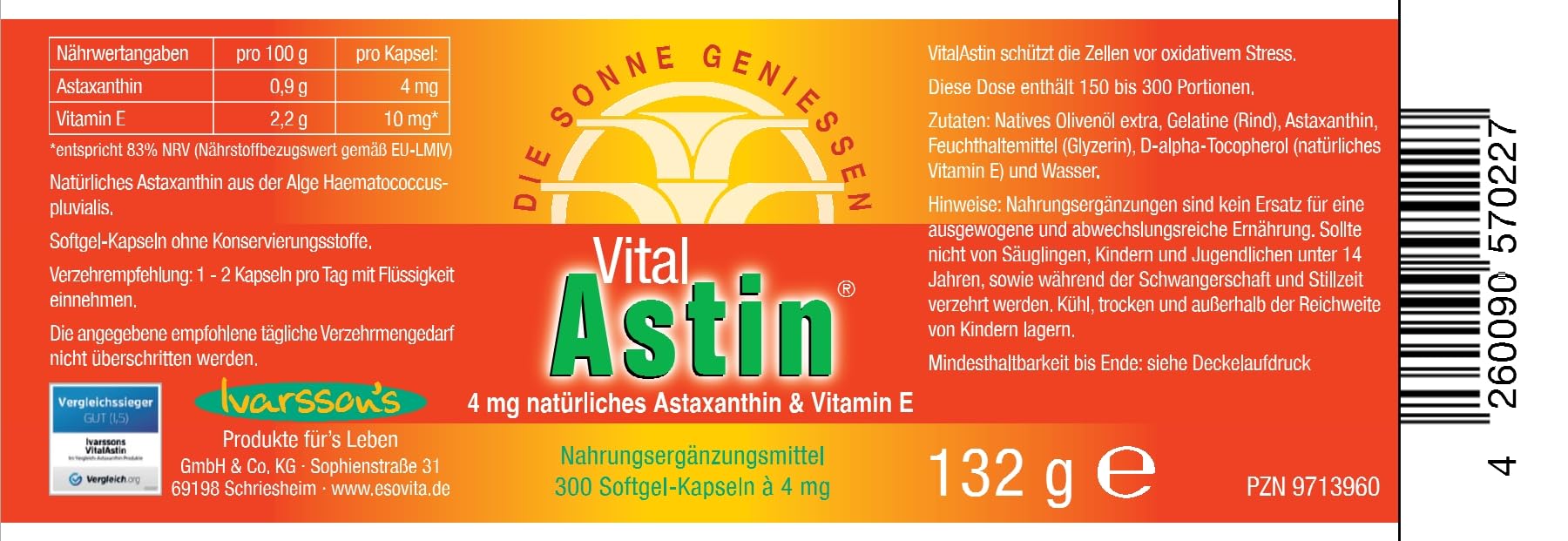 VitalAstin Astaxanthin 300 Kapseln I Das Original - Ivarssons VitalAstin mit 4 mg natürlichem Astaxanthin