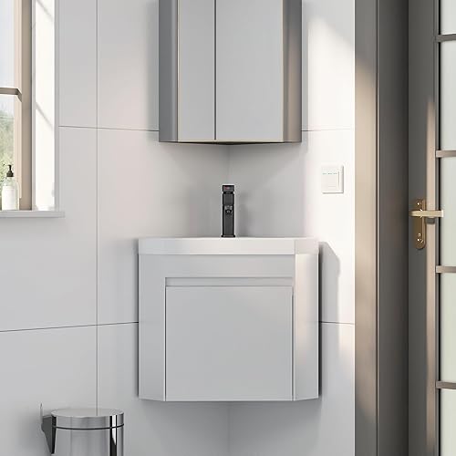 Miniatura 2 de eclife Combo de lavabo de baño esquinero de 22 pulgadas para espacio pequeño montado en la pared, gabinete flotante con fregadero de resina blanca y
