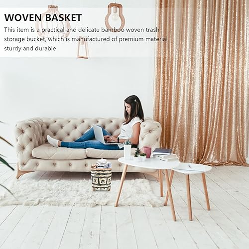 Miniatura 4 de Cesta de basura tejida de bambú: cesta de basura decorativa de granja, cubo de basura redondo de ratán, cesta de lavandería de mimbre para baño,