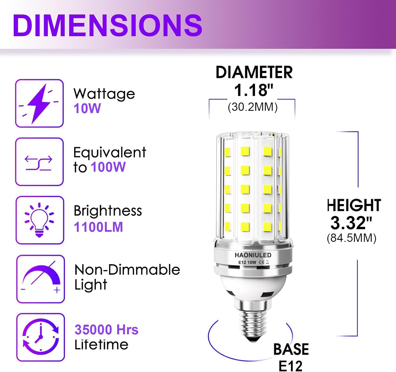 Light Bulb, 10W 5000K Cool Daylight White, 100W Equivalent Light Bulbs, 1100 Lumens Non-Dimmable LED Bulb, E12 Standard Base, Energy Efficient 3-Pack