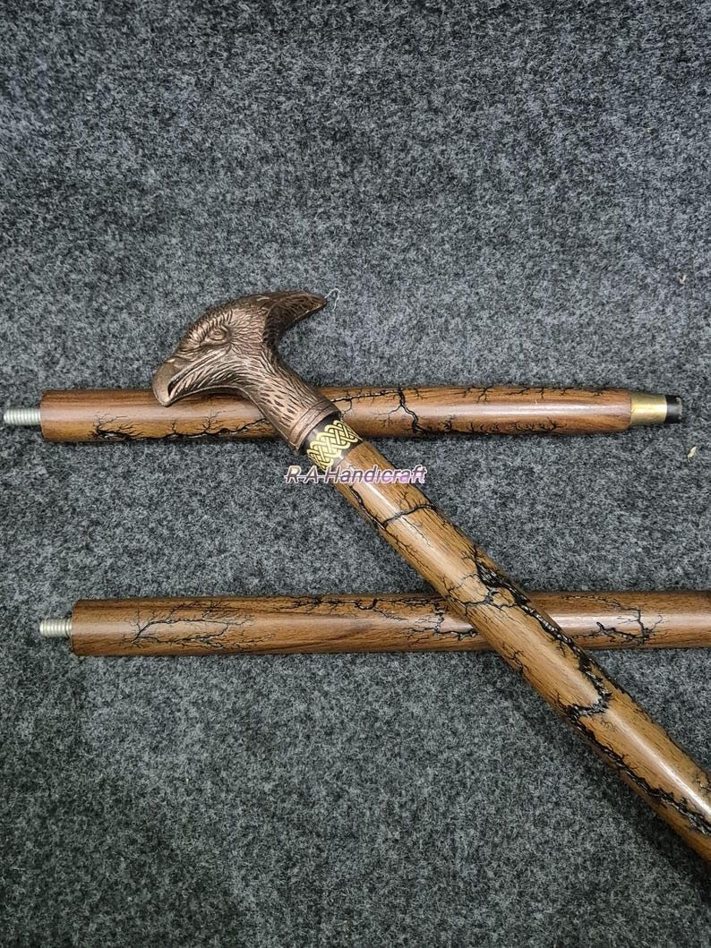 Bastone da passeggio in legno vintage con manico a testa d'aquila marrone antico, 3 pieghi, elegante articolo regalo 94 cm
