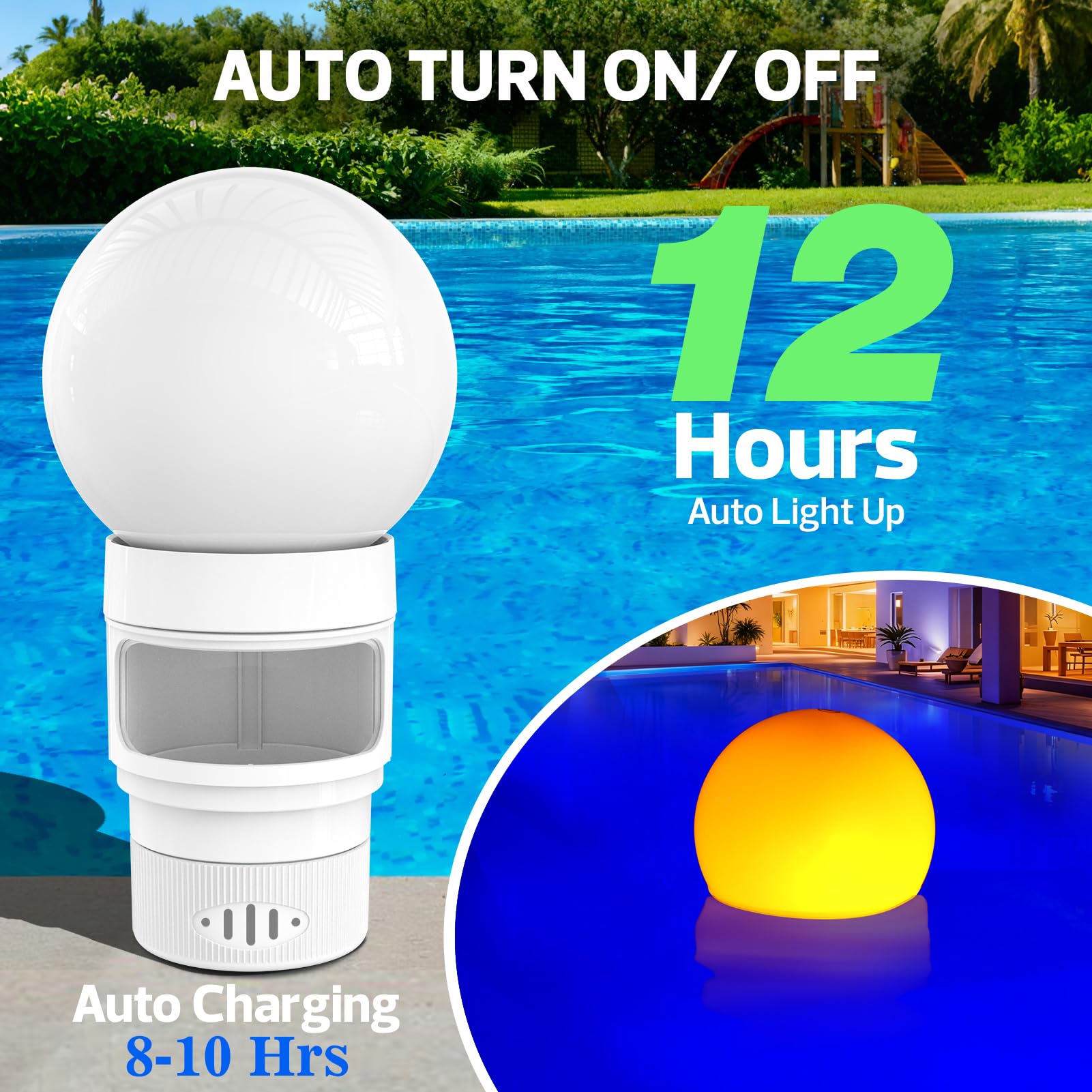 Flotador solar de cloro para piscina, flotador de cloro con luz, flotador de tabletas de cloro que brilla en la oscuridad, blanco llama, 11 pulgadas