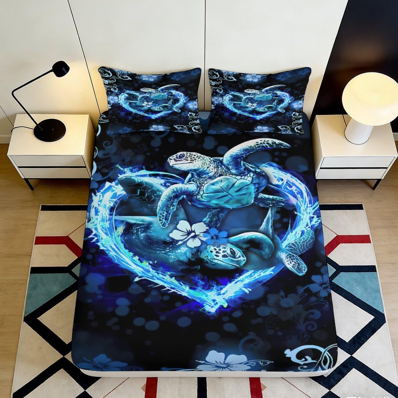 3D Printed Sea Turtle Fitted Sheet Microfiber Deep Pocket Ocean Design Mattress Fitted Cover Non-Slip Bedroom Bedding Washable 200x200x25cm 90x200x25cm