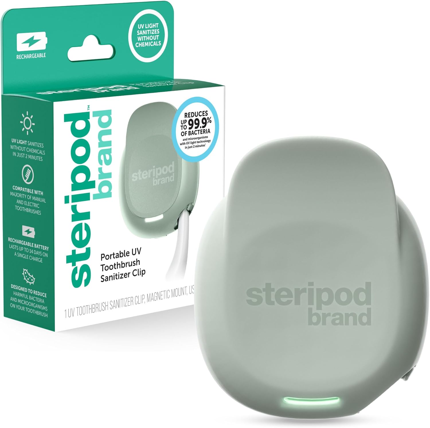 Steripod Brand Portable UV Toothbrush Sanitizer Clip, Reduces Harmful Microorganisms, Rechargeable, Sage, 1 Count