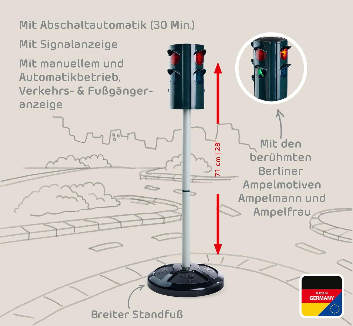 Big: Traffic Stoplight Ampelmann - Realistic Light-Up Road Safety Toy, 28" Stand, Color LED, Pedestrian Walking Symbols, Ride-On Pretend Play, Kids 3+