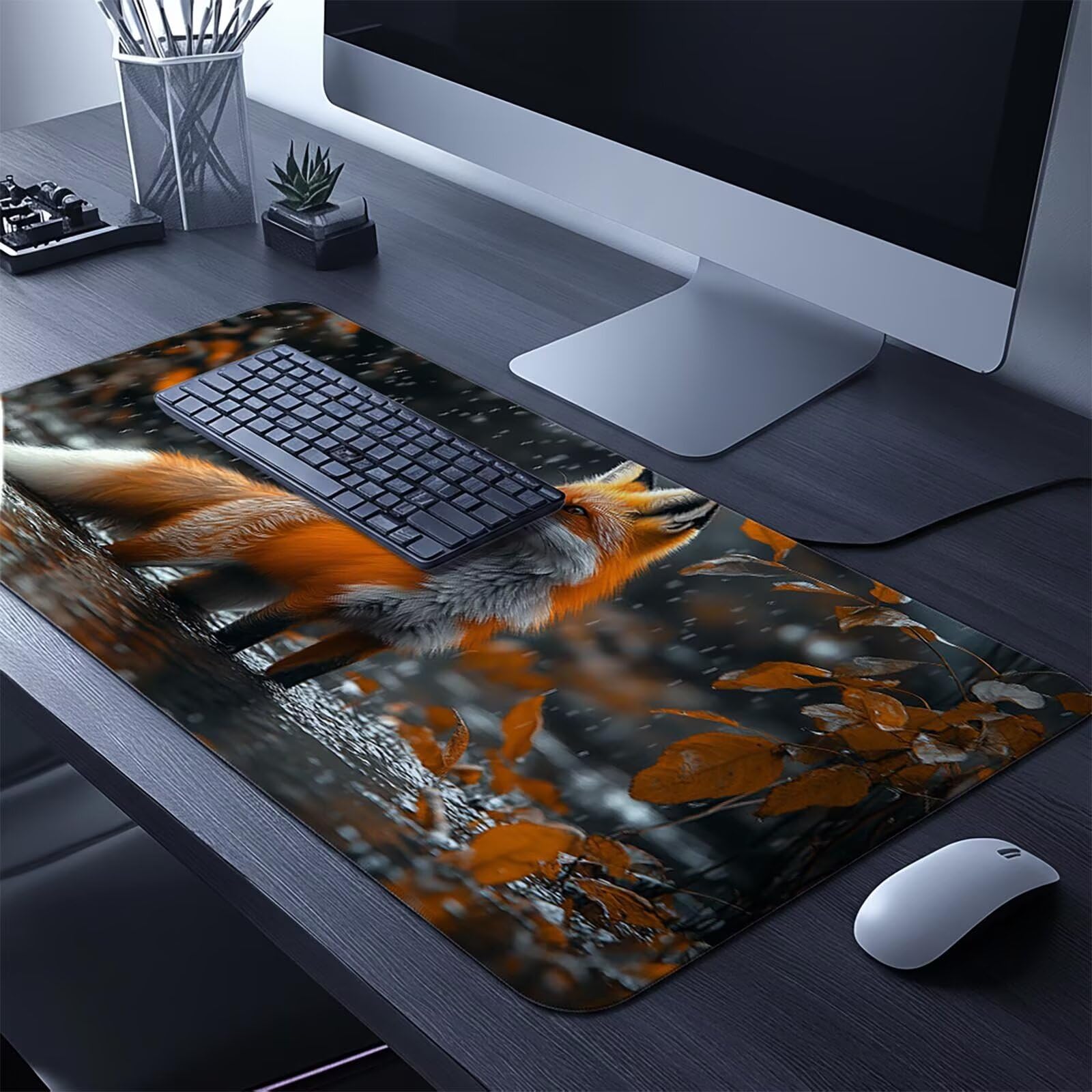 Podkładka pod mysz z lisem XXL, 600 x 1400 x 3 mm, wodoodporna, podkładka pod mysz dla graczy, poprawia dokładność i prędkość, akcesoria do gier, laptop, biuro, prezent dla mężczyzn, FSBD-6760
