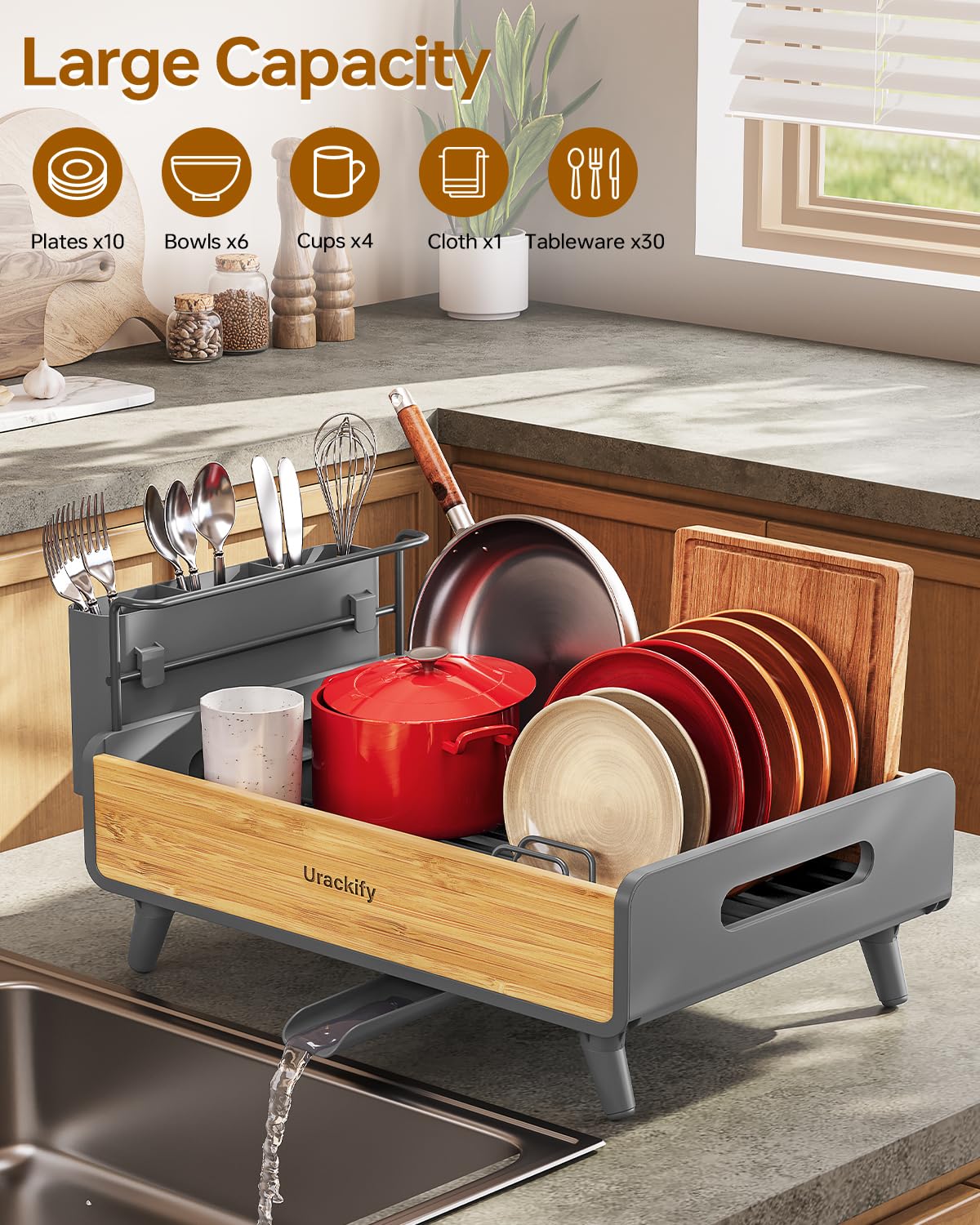 Urackify Escurridor de platos para encimera de cocina, escurridor de platos de acero inoxidable y bambú, escurridor de platos con gran soporte extraíble para utensilios, escurridor de platos con