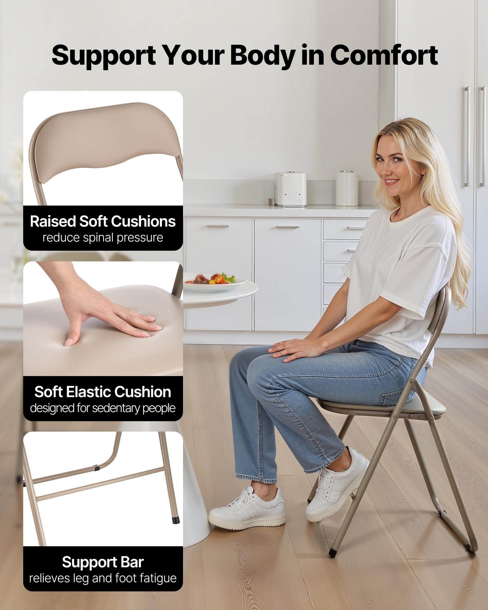 VEVOR Lot de 4 Chaises Pliantes Portables, Chaise de Salle à Manger en Cuir avec Cadre en Métal et Coussin Rembourré, Sièges Empilables pour Intérieur et Extérieur, Maison, Cour, Jardin, Fêtes, Kaki