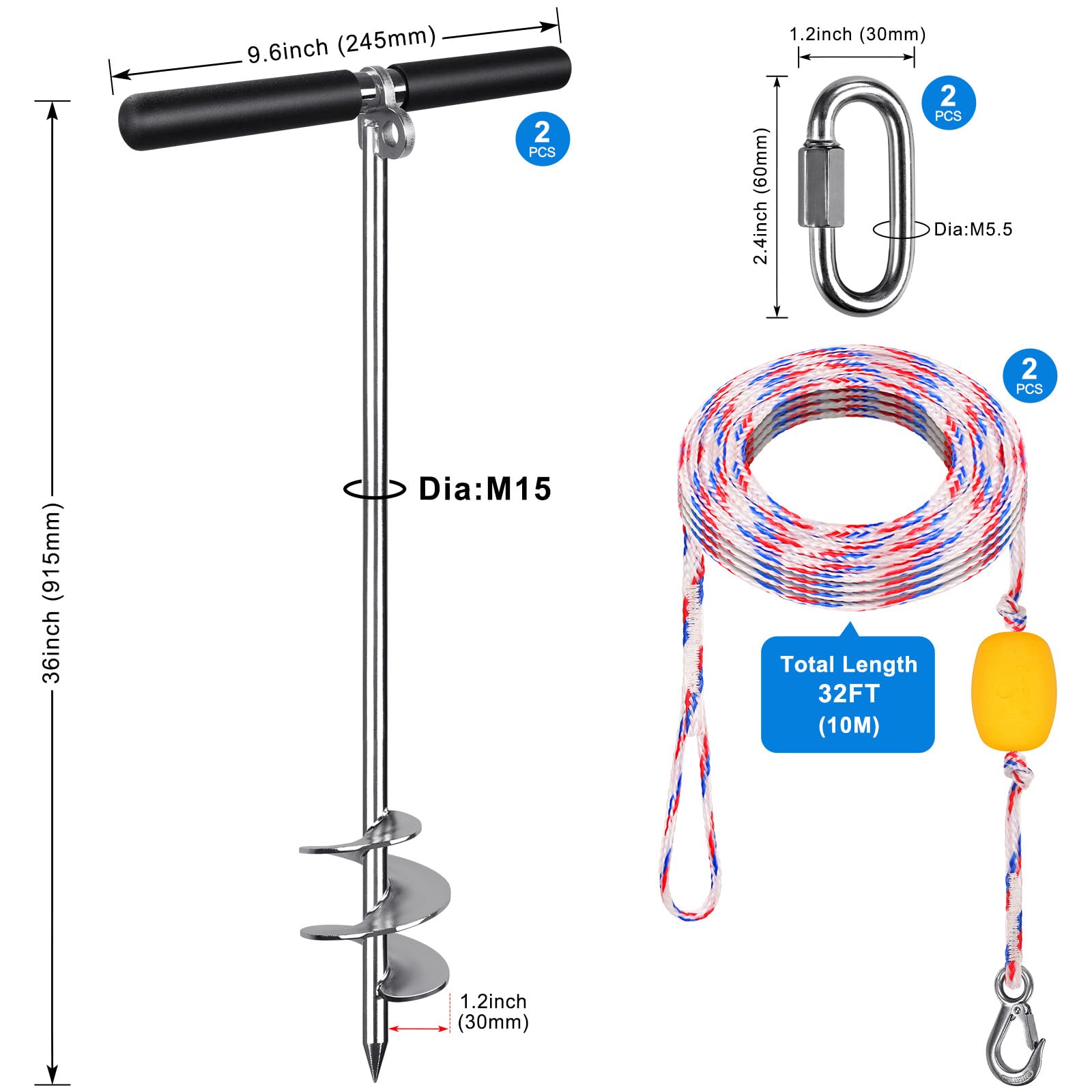 Insaga Kotwa piaskowa 91 cm do łodzi, wkręcana kotwica do łodzi ze stali nierdzewnej 304, z poprzeczką i liną 9,8 m, płytkie kotwica wodna do kajaka, skuterów wodnych, pontonu PWC, kotwica do piasku