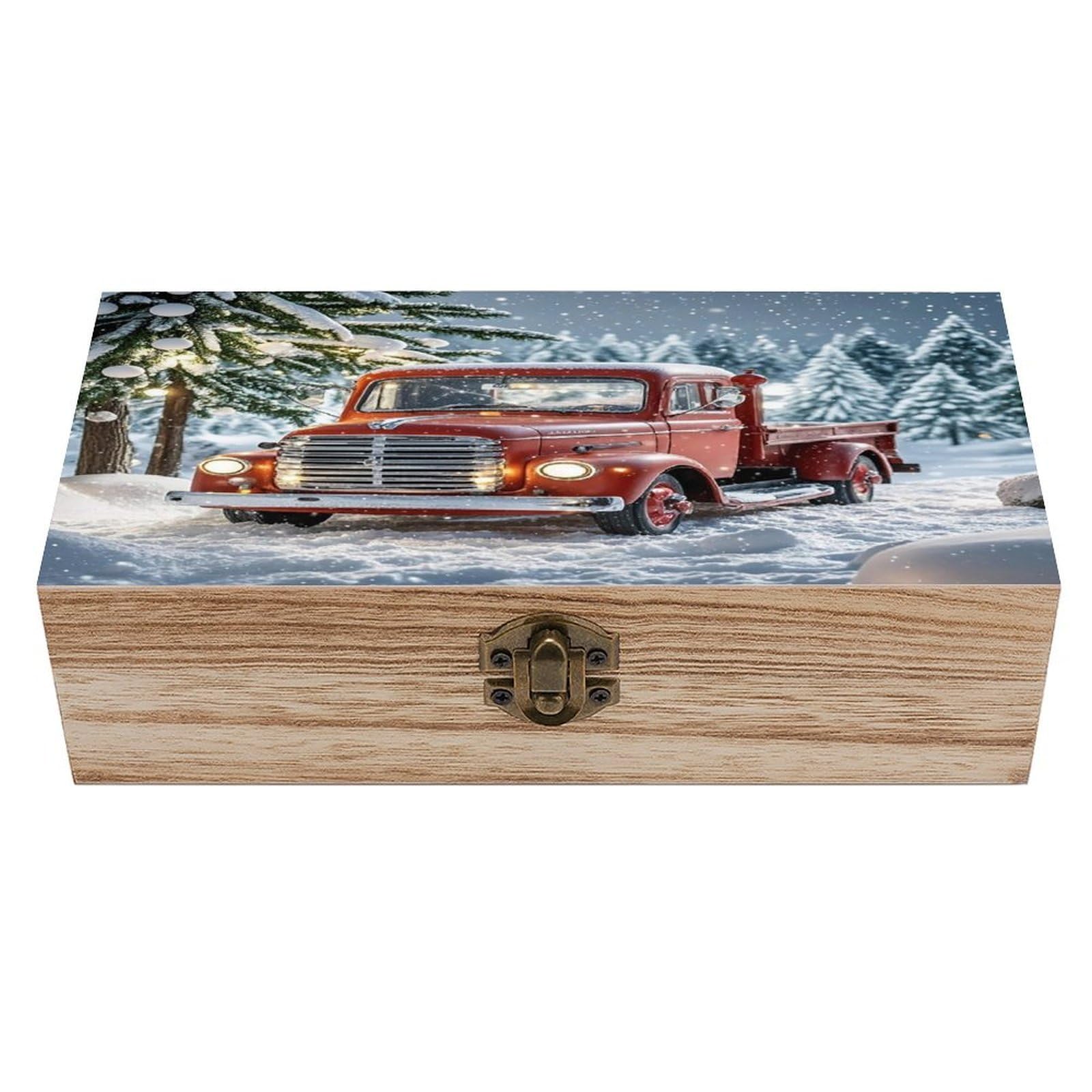 asbwuo Red Christmas Truck Wood Keepsake Box Wooden Box with Hinged Lid