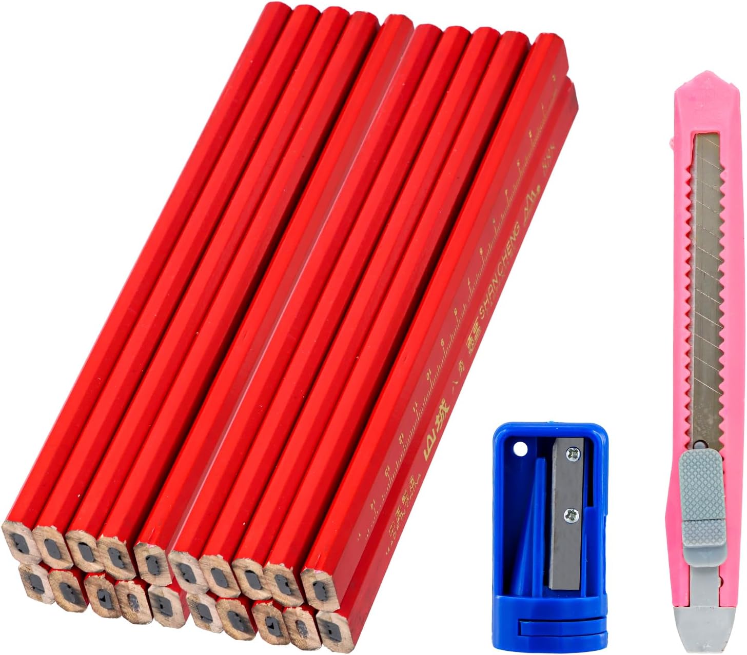 Set of 20 Construction Pencils, Carpenter's Pencils, Carpenter's Pencils with Sharpener for Marking and Drawing on Site, Marking Tool for Workshop and Carpentry