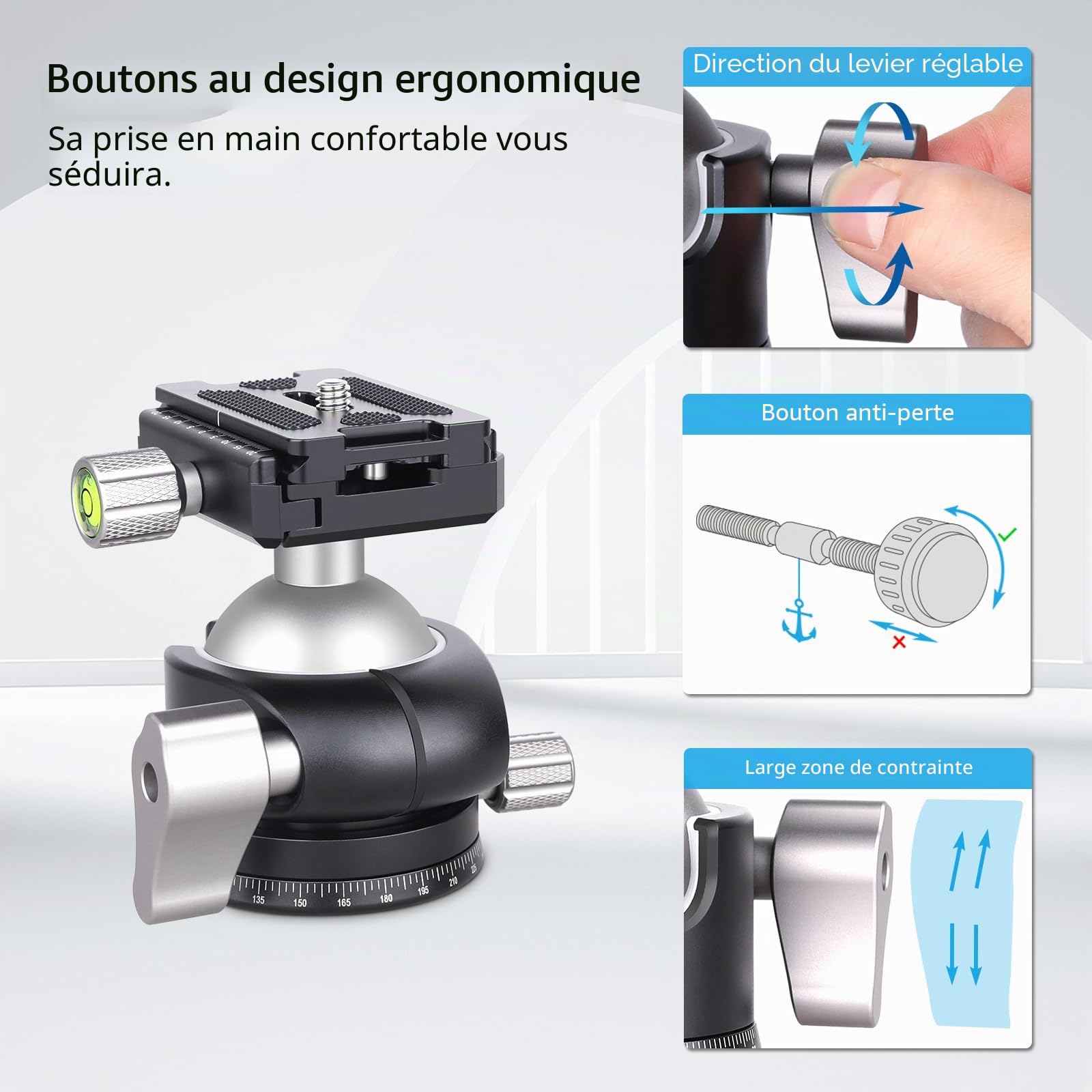 Tête de trépied ARTICISE à Profil Bas, tête de trépied Tout métal pour Appareil Photo, capacité de 20 kg avec Plaque de libération Rapide Arca Swiss pour trépied, Monopode, DSLR, Appareil Photo