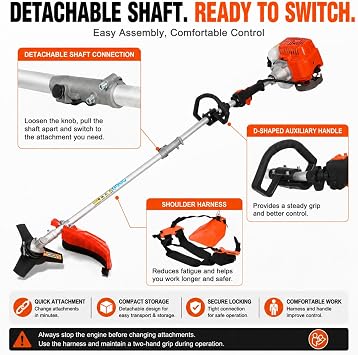 52cc 5-in-1 Gas Weed Eater, 2-Stroke Gas Powered Weed Wacker Combo with String Trimmer Head, Brush Cutter Blades, Hedge Trimmer, 10-Inch Pole Saw and Extension Rod