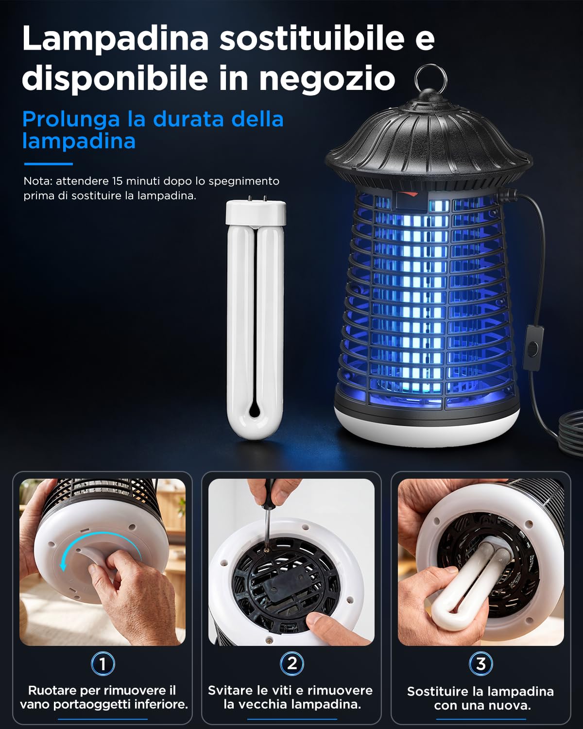 VIWAVE Lampada Antizanzare Elettrica, 4200V 15W UV Zanzariera con Luce LED, Antizanzare da Interno ed Esterno Impermeabile IPX4, Trappola Zanzare, Zanzare Elettrico per Casa Giardino Cucina