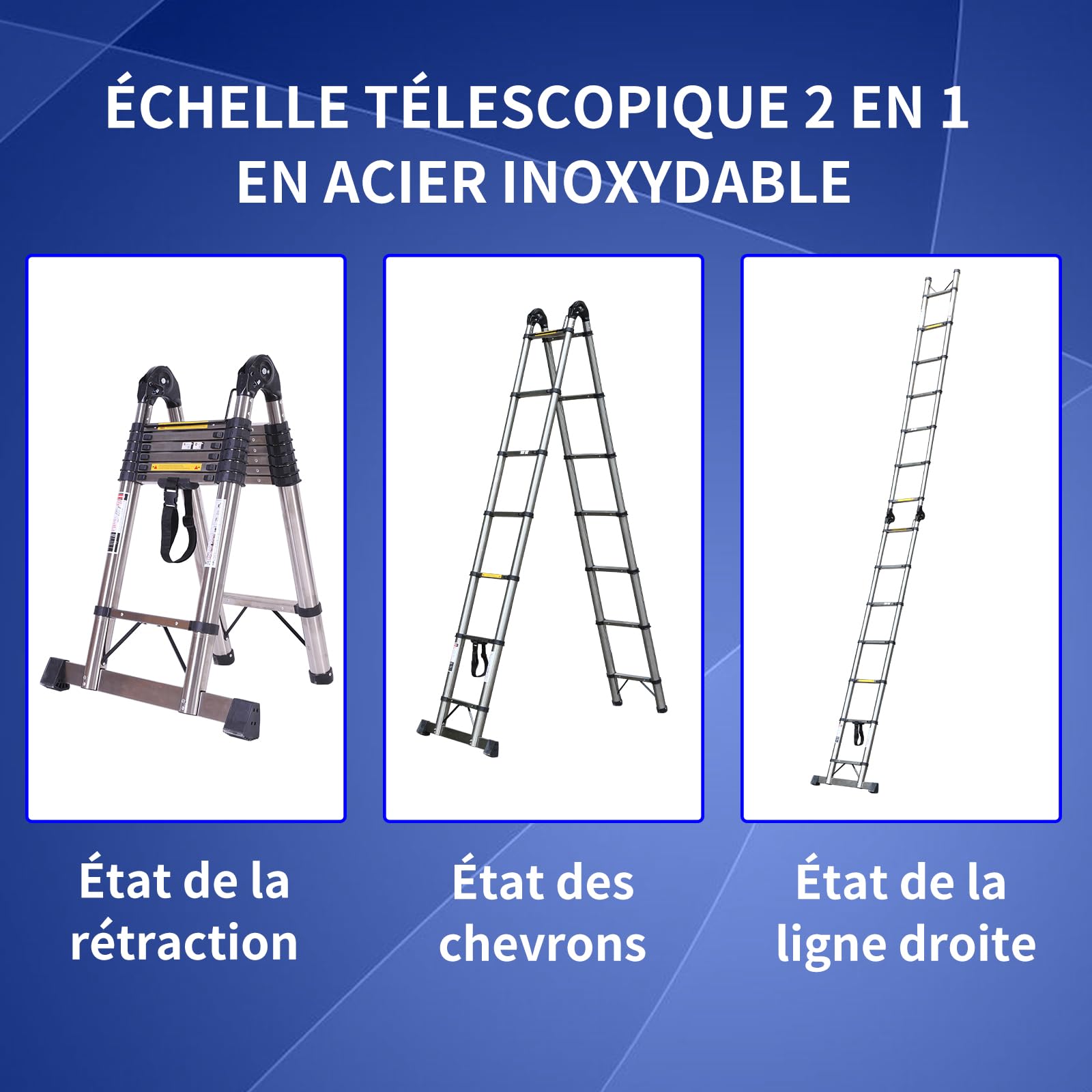 JADDUO Échelle Télescopique en Aluminium 5.6 m (2.8 m + 2.8 m) avec Stabilisateur et Roues Capacité 150 kg Idéale pour Nettoyage Gouttières et Réparations Extérieures