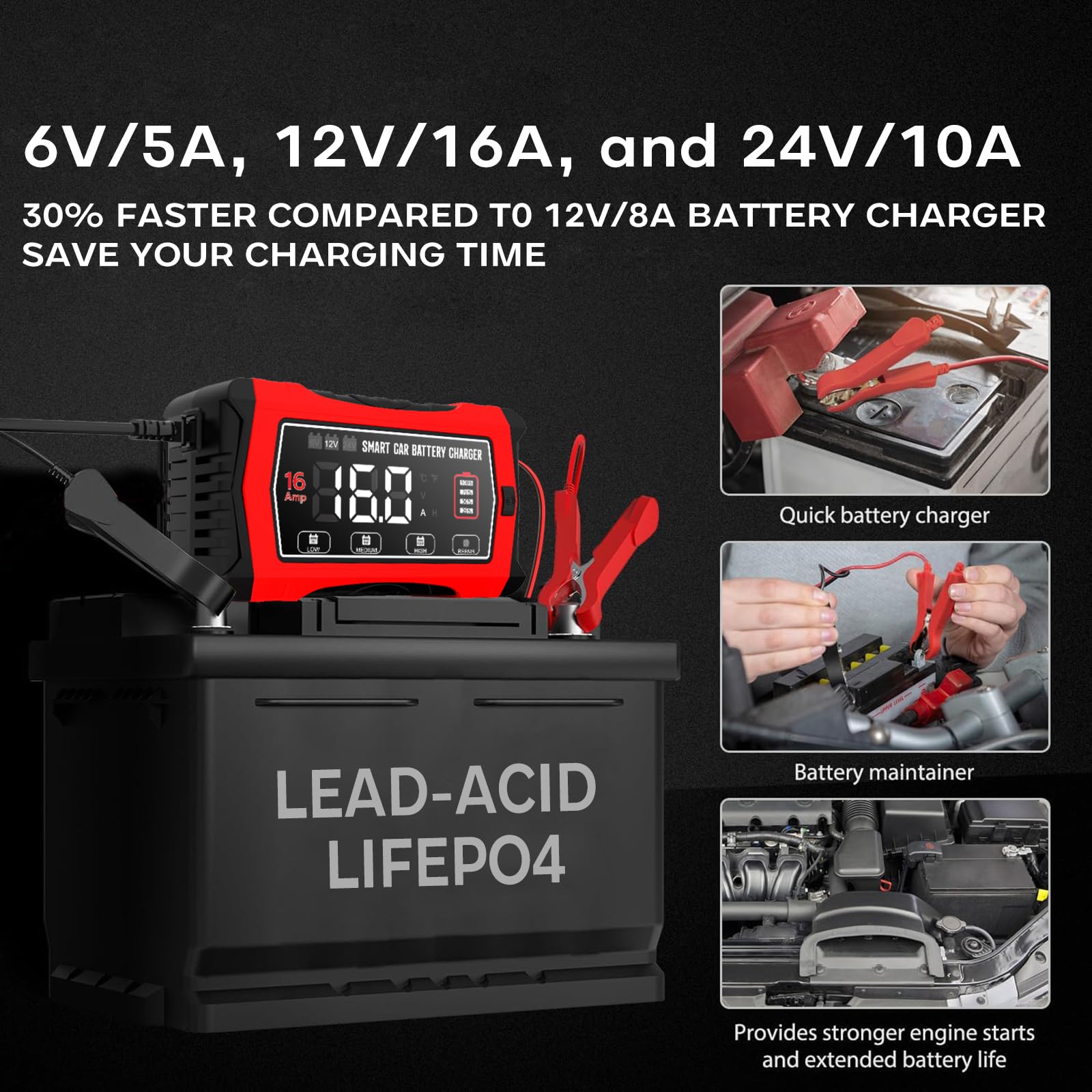 Haisito Ładowarka samochodowa 16 A, inteligentna automatyczna ładowarka 6V/12V/24V do akumulatorów ołowiowych (AGM/GEL/SLA/EFB) i LiFePO4, 10-stopniowy konserwator z ekranem LCD do samochodu