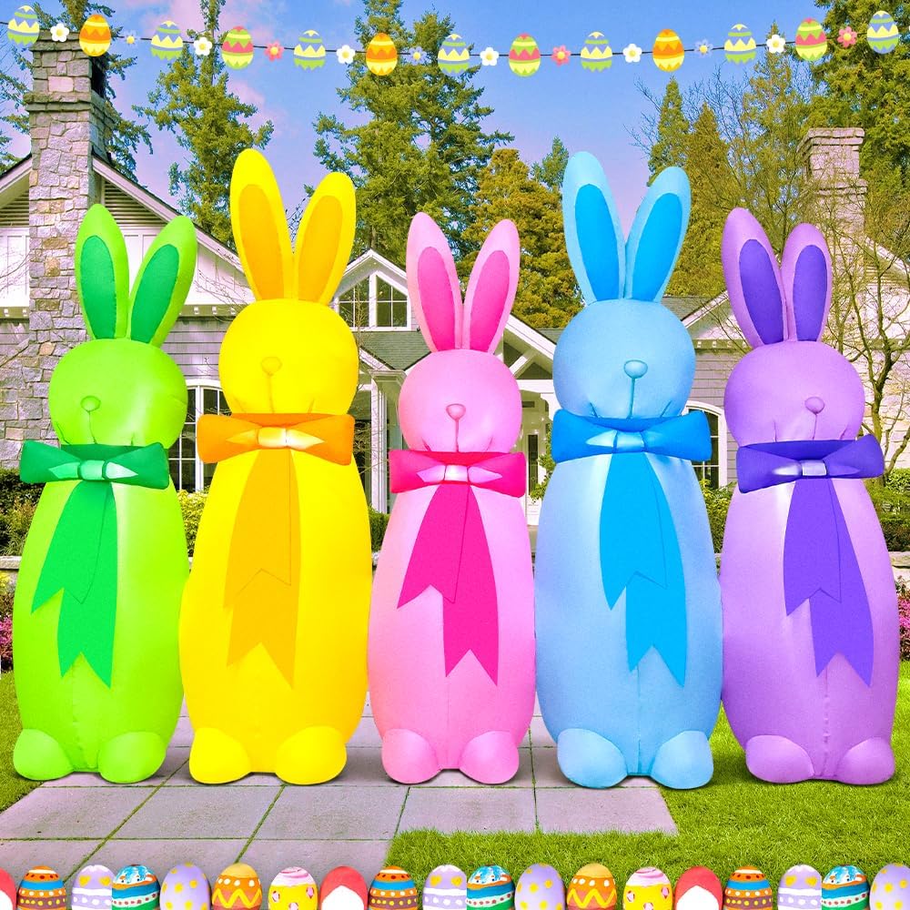 KOOY 6FT Long Easter Inflatables Outdoor Decoration Five Colorful Bunny, Built in LED Lights Blow Up Yard Decoration for Lawn Garden Holiday Party - Image 4