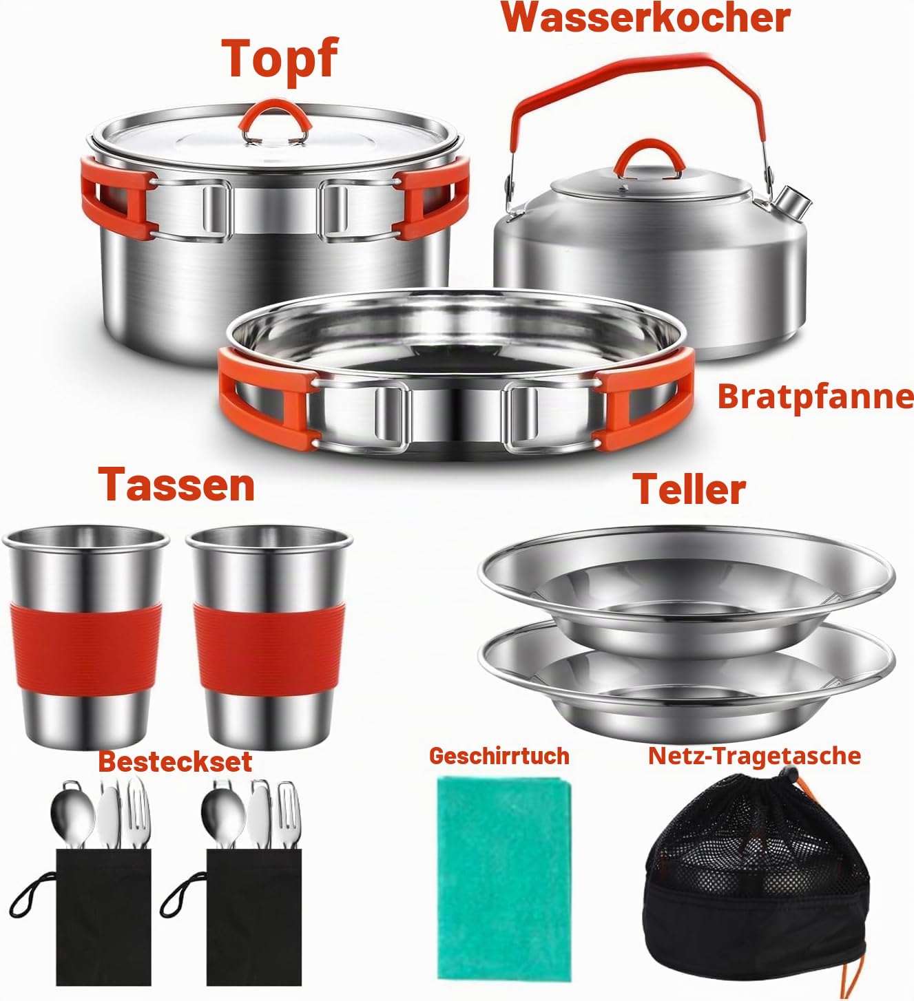 Camping Kochgeschirr Kit, 304 Edelstahl Camping Kochset, Camping Topf und Pfanne Set mit Wasserkocher Tassen Teller Gabeln Messer Löffel für Camping Outdoor Wandern Picknick RVs für 2-3 Personen