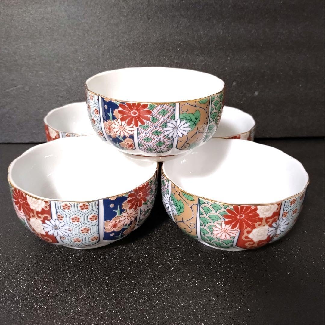 Amazon.co.jp: 有田焼 陶扇 中鉢5点セット 5枚 菊割皿 錦絵 赤絵 金彩 