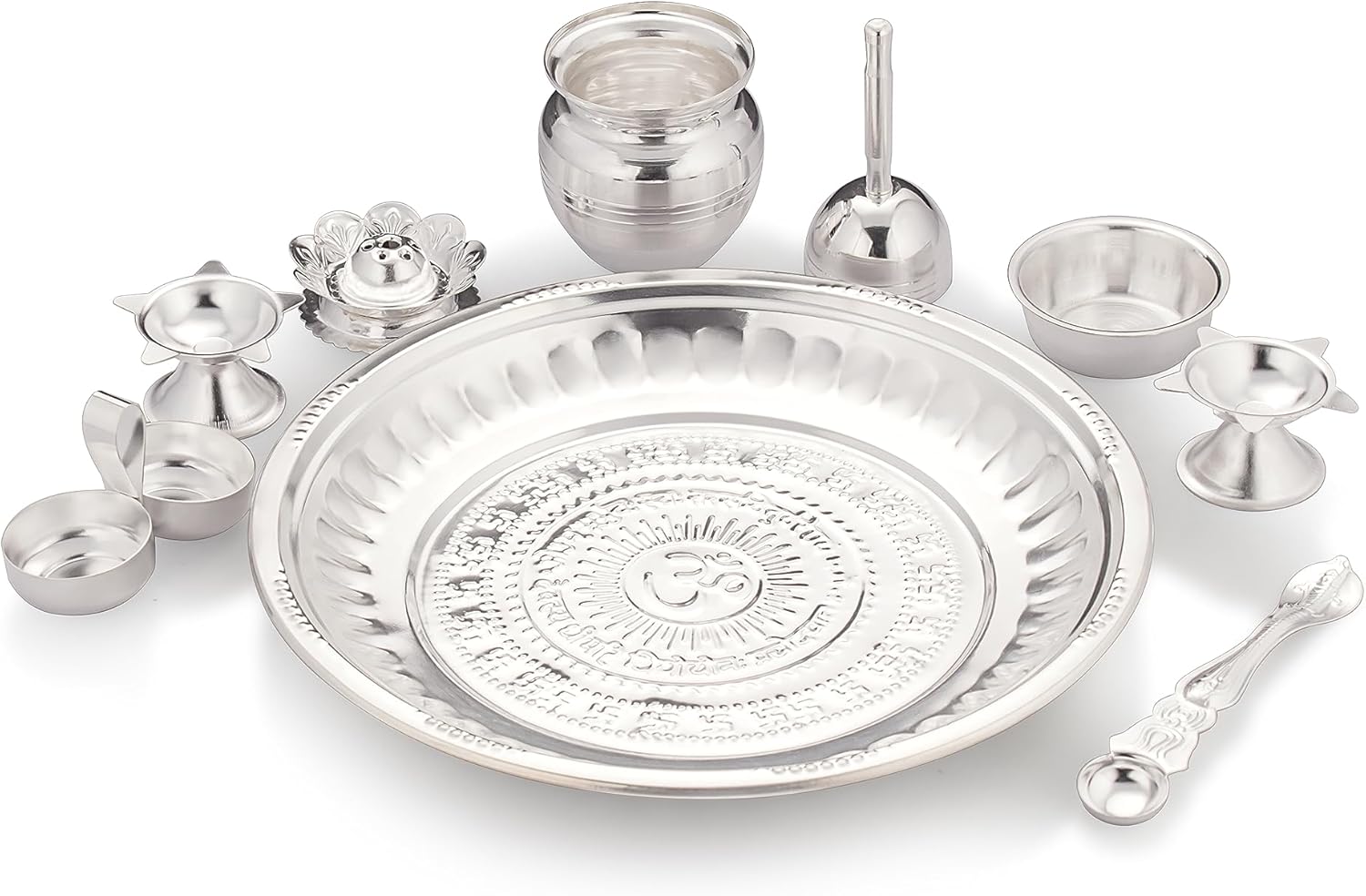 Silverglow Silver Plated 10inch Pooja Set- 1 Plate,1 Bell, 1 Haldi Kumkum, 1 Kalash, 1 Ashmani, 1 Pali (Pooja Spoon), 1 Agarbatti Stand, 1 Pooja vaati and 2 Diya (9 pcs Set)