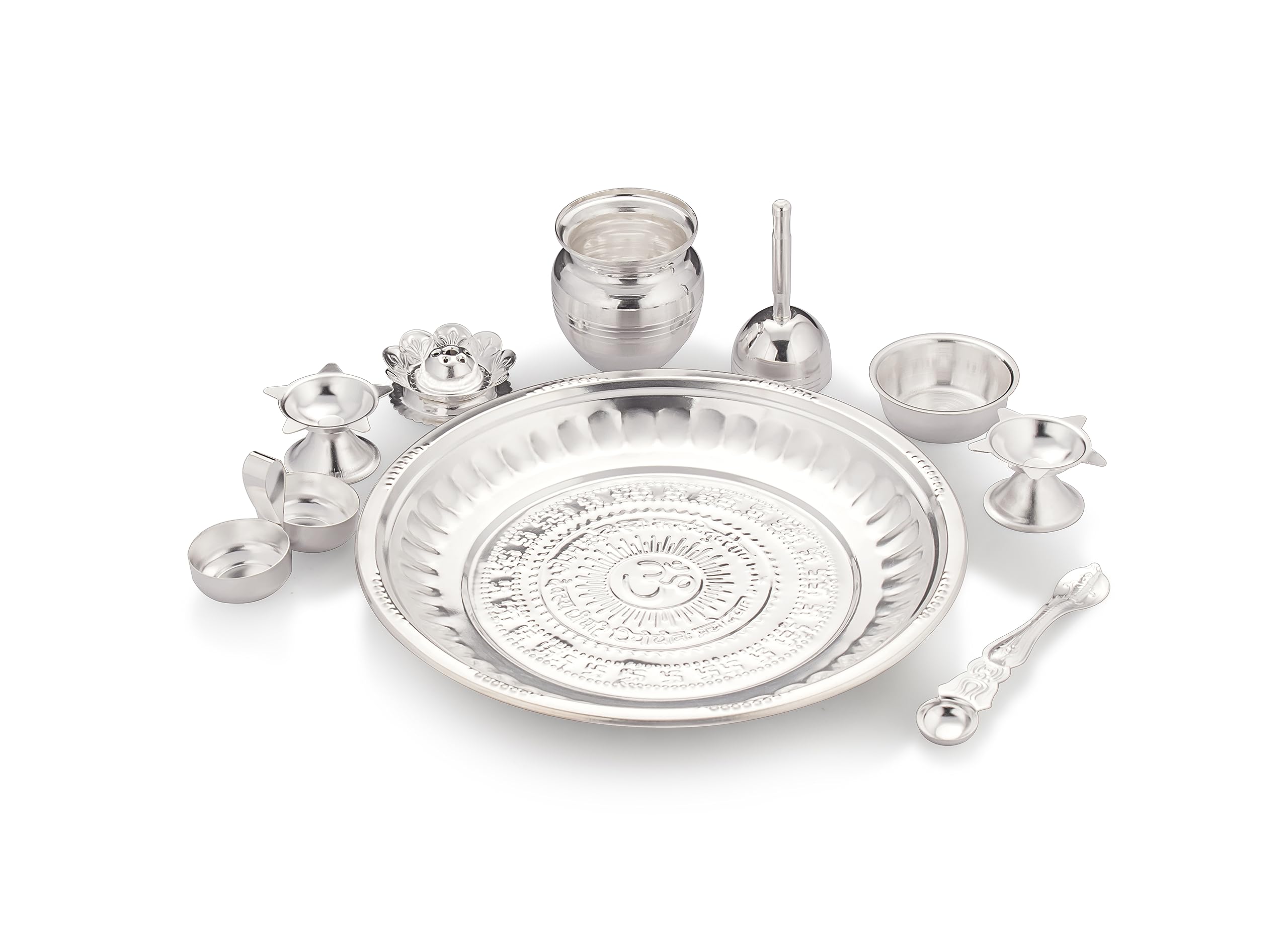 Silverglow Silver Plated 10inch Pooja Set- 1 Plate,1 Bell, 1 Haldi Kumkum, 1 Kalash, 1 Ashmani, 1 Pali (Pooja Spoon), 1 Agarbatti Stand, 1 Pooja vaati and 2 Diya (9 pcs Set)