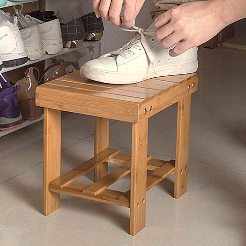 Miniatura 7 de ASelected Taburete de ducha de bambú pequeño de 13 pulgadas banco de ducha de madera impermeable con estante de almacenamiento para espacios