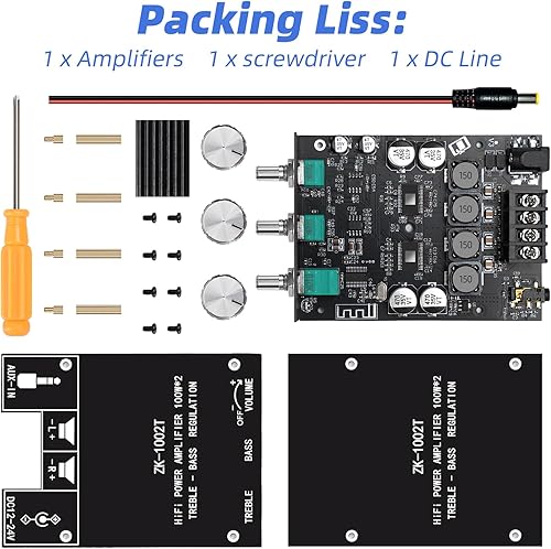 Miniatura 8 de ZK-1002T Bluetooth 5.0 Amplificador Estéreo, 200W HiFi 2.0 Canal Mini Módulo Amplificador de Audio con Control de agudos y graves, Entrada AUX, DC
