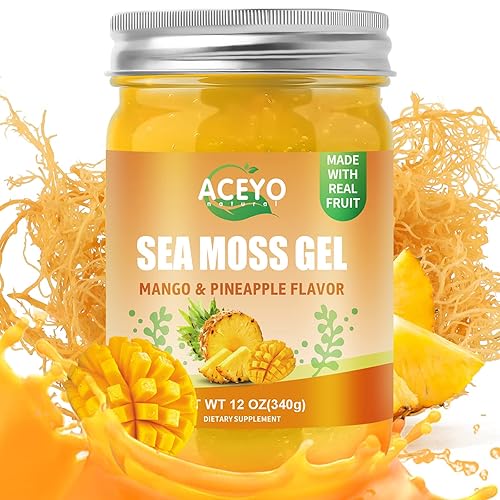 ACEYO (12 onzas) Gel de musgo marino irlandés orgánico crudo vegano mango sabor piña 102 vitaminas y minerales cosechados en la naturaleza sin OMG