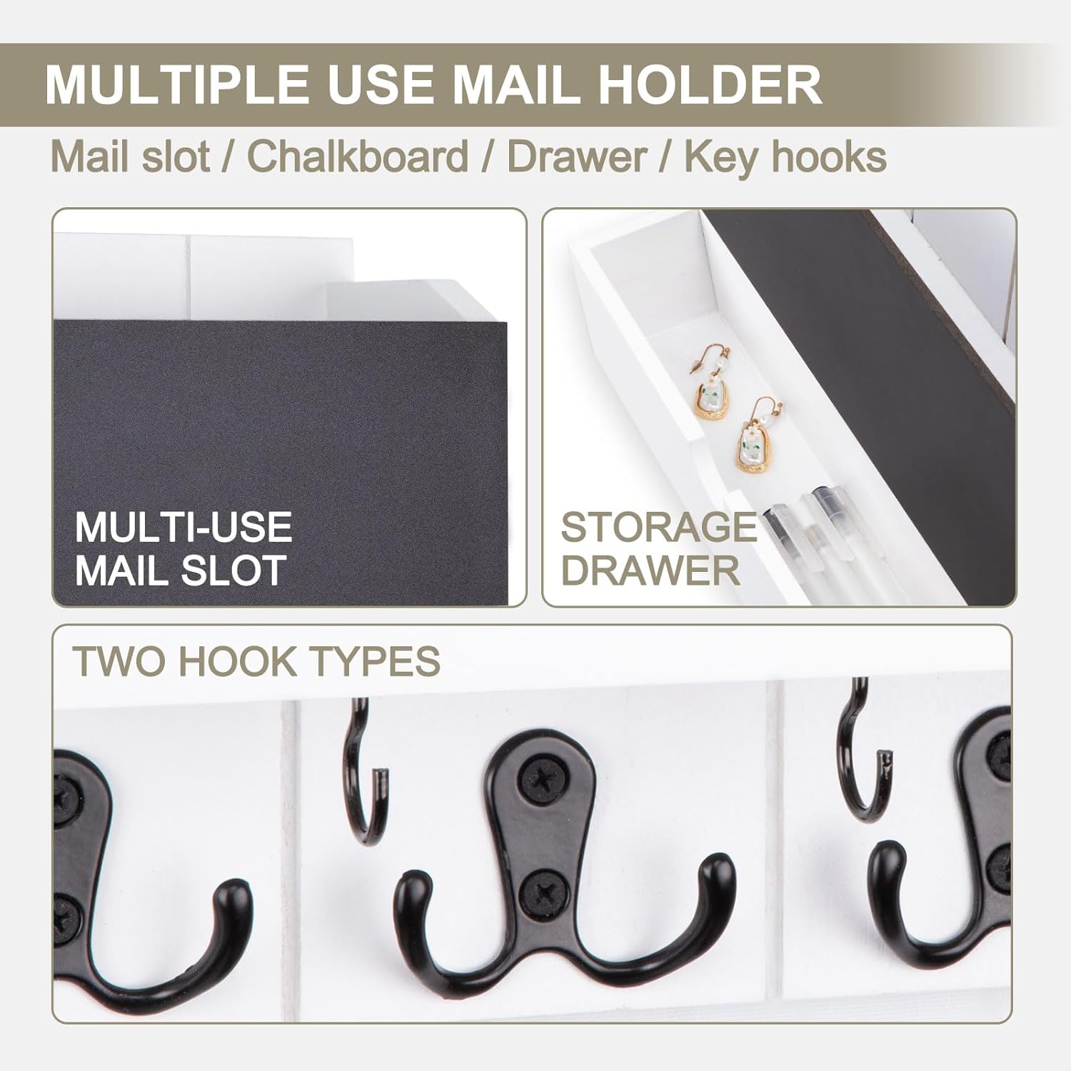 Mail and Key Holder Wall Mount with Storage Drawer – Modern Wooden Mail Organizer for Wall Entryway, 7 Key Hooks & Chalkboard Panel – Stylish Home Decor for Apartments, Living Room, Office