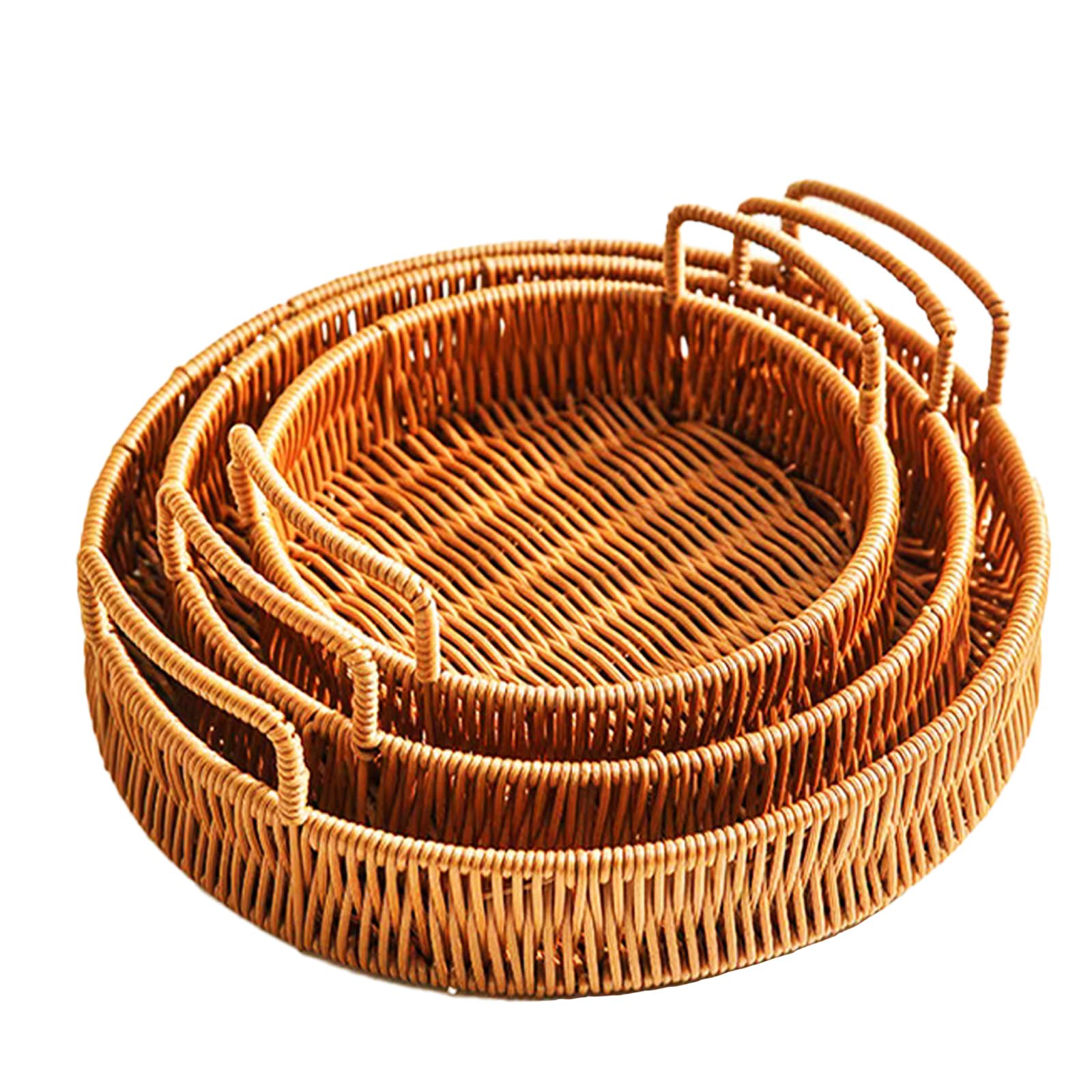 Set of 3 Handwoven Rattan Baskets, Woven Bread Basket & Fruit Bowl for Kitchen Counter, Decorative Tray for Serving Snacks, Pastries & Table Centerpiece