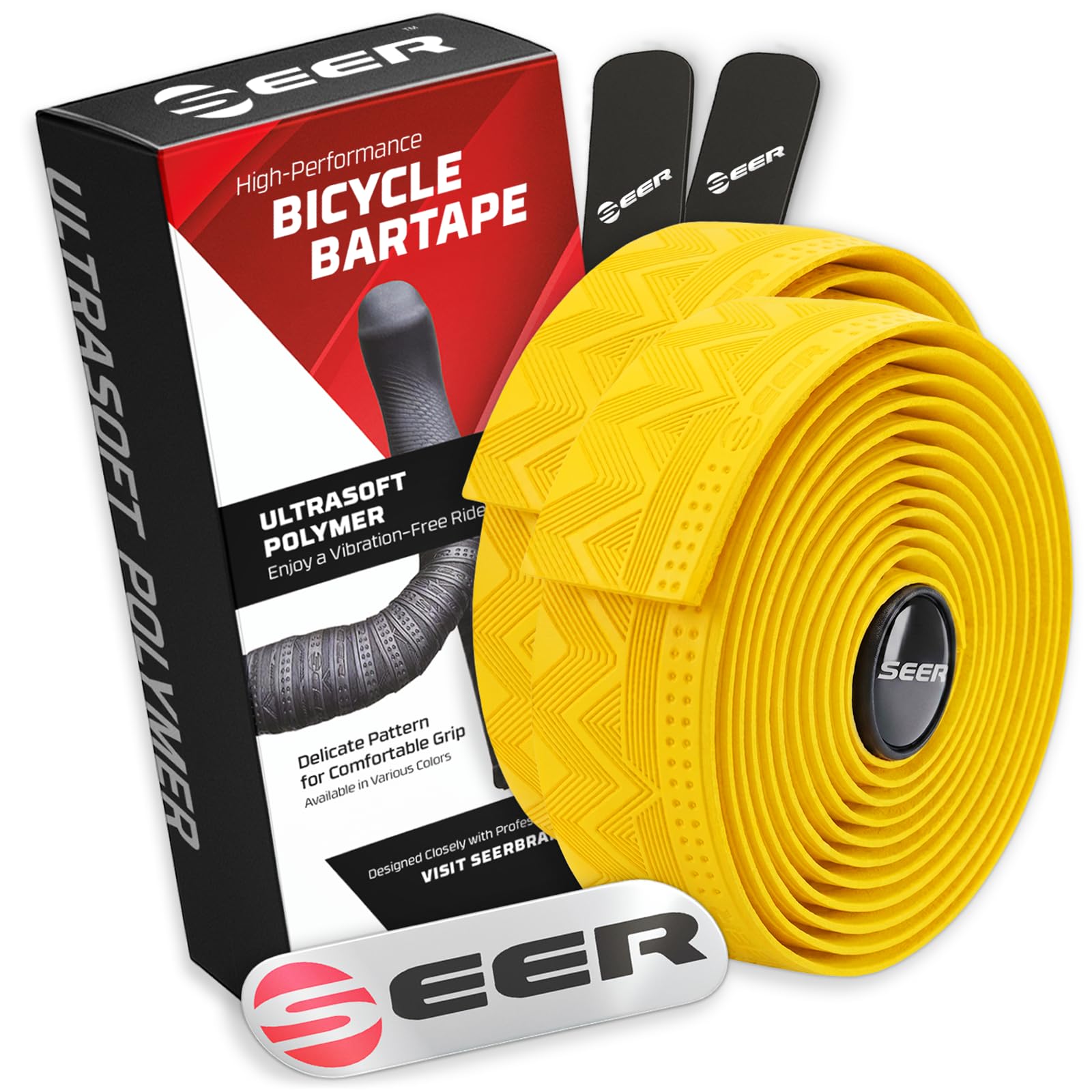 SEER Bike Bar Tape – New Ultra-Soft Polymer Handlebar Tape for Road & Gravel Bikes, Comfortable Anti-Vibration Cycling Tape, Complete Kit with 2 Rolls, End Plugs & Finish Strips (Yellow)