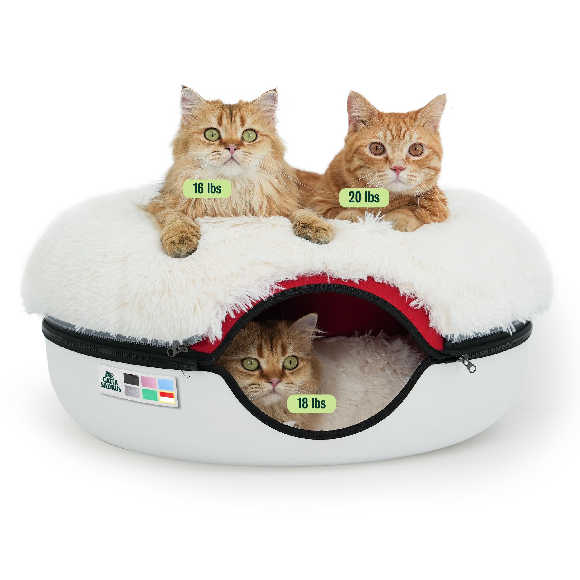 Cattasaurus Peekaboo Cat Cave for Multiple &amp; Large Cats Up to 30-45 Lbs, Fluffy Cat Beds &amp; Furniture, Scratch Detachable &amp; Washable Tunnel Bed, Comfy Donut Bed (Ruby Snowball, Large (Calming))