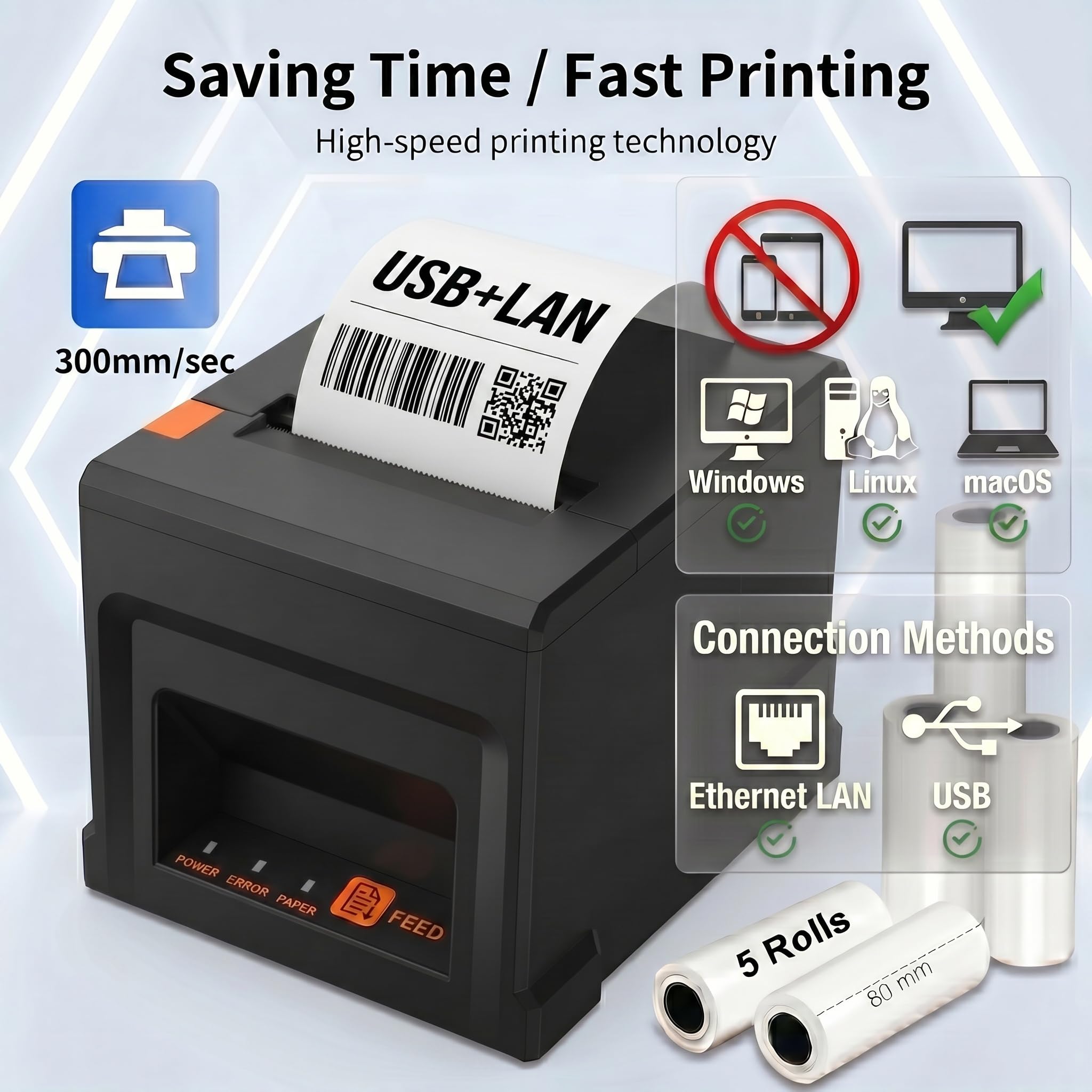Stampante Termica per Scontrini POS 80mm con USB ed Ethernet, 300mm/s, Taglio Automatico e Interfaccia Cassetto Portasoldi, Compatibile Windows/Mac/Linux, per Ristorante, Negozi, Hotel