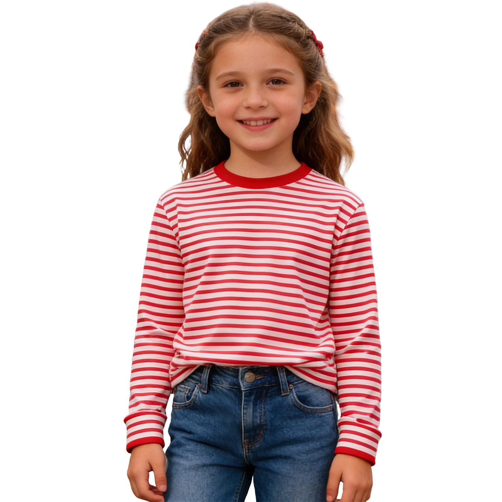 Striped Shirt Children's Red/White Striped Long Sleeve Shirt Girls Boys Shirt Glunker Crew Neck T-Shirt Top Striped Long-Sleeved Pullover Sailors Carnival Fancy Dress Costume 3-14 Years, A-Red, 13-14